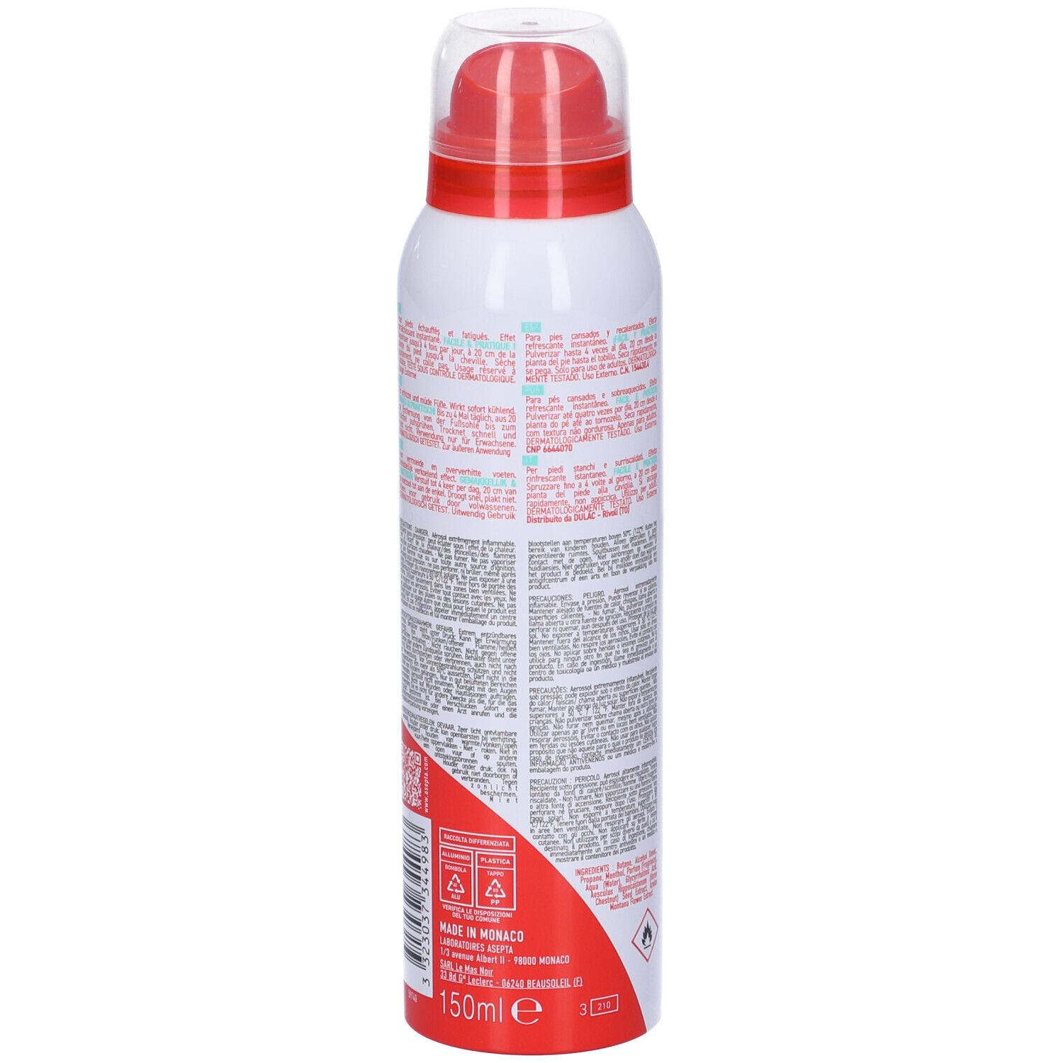 Flacone spray rosso e bianco. Scritta: Akileine. Testo e simboli sul lato. Contiene informazioni e avvertenze.