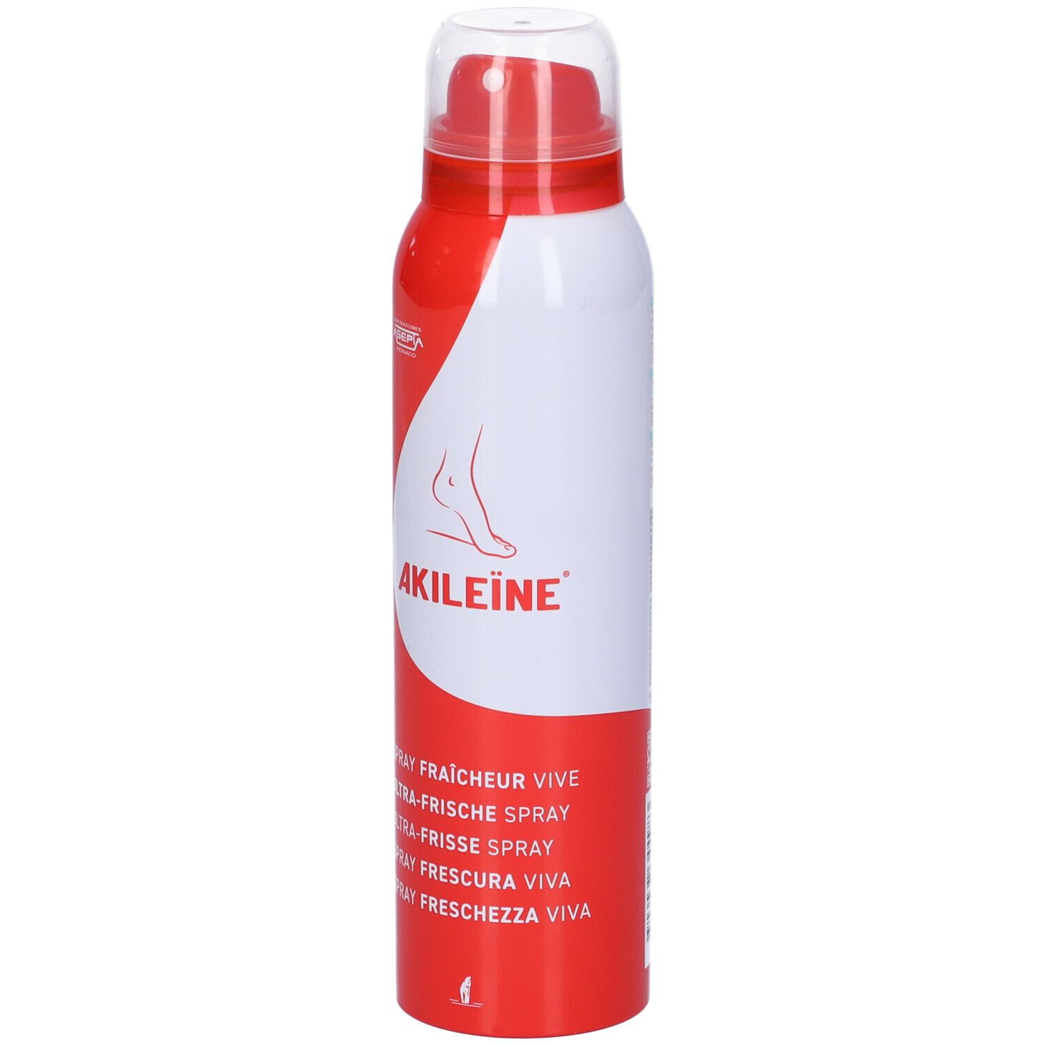 Flacone spray rosso e bianco. Scritta: Akileine. Testo: Spray Fraîcheur Vive, Ultra-Frische Spray, Spray Frescura Viva, Spray Freschezza Viva.