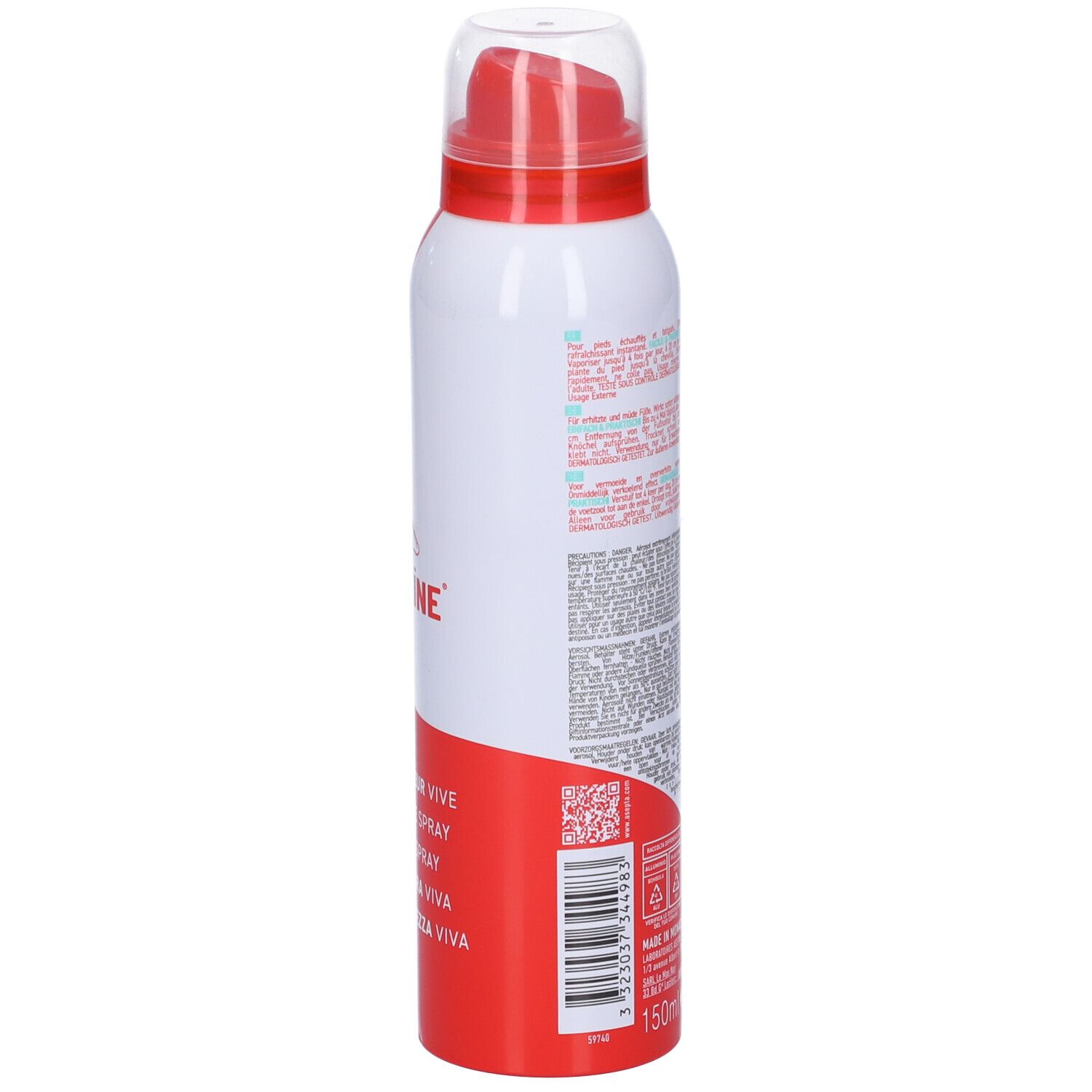 Flacone spray rosso e bianco. Scritta: Akileine. Testo e codice a barre sul lato. Contiene informazioni e avvertenze.