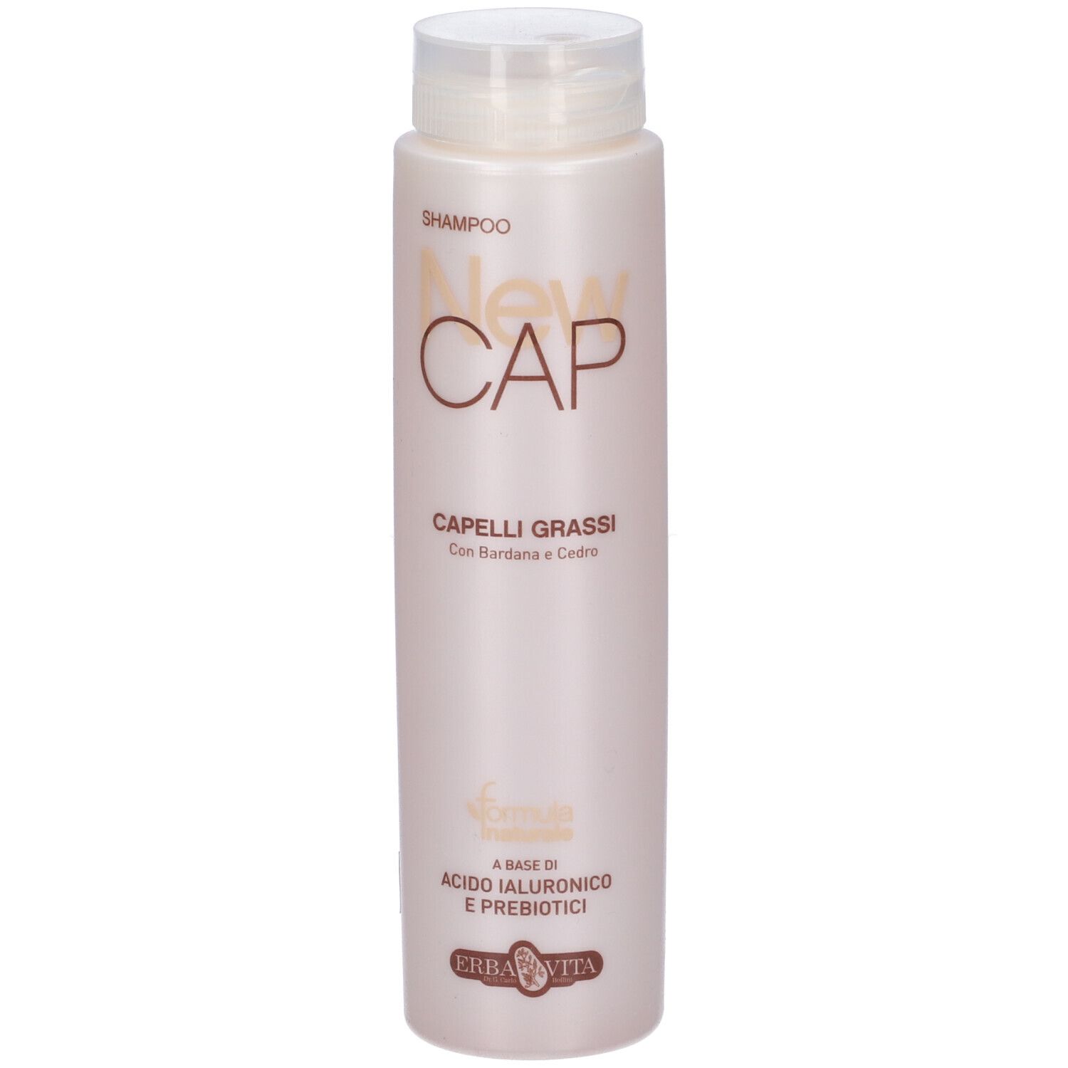 Flacone shampoo. Scritta: New Cap, Capelli Grassi. Con Bardana e Cedro. Logo Erba Vita. Flacone con tappo bianco.