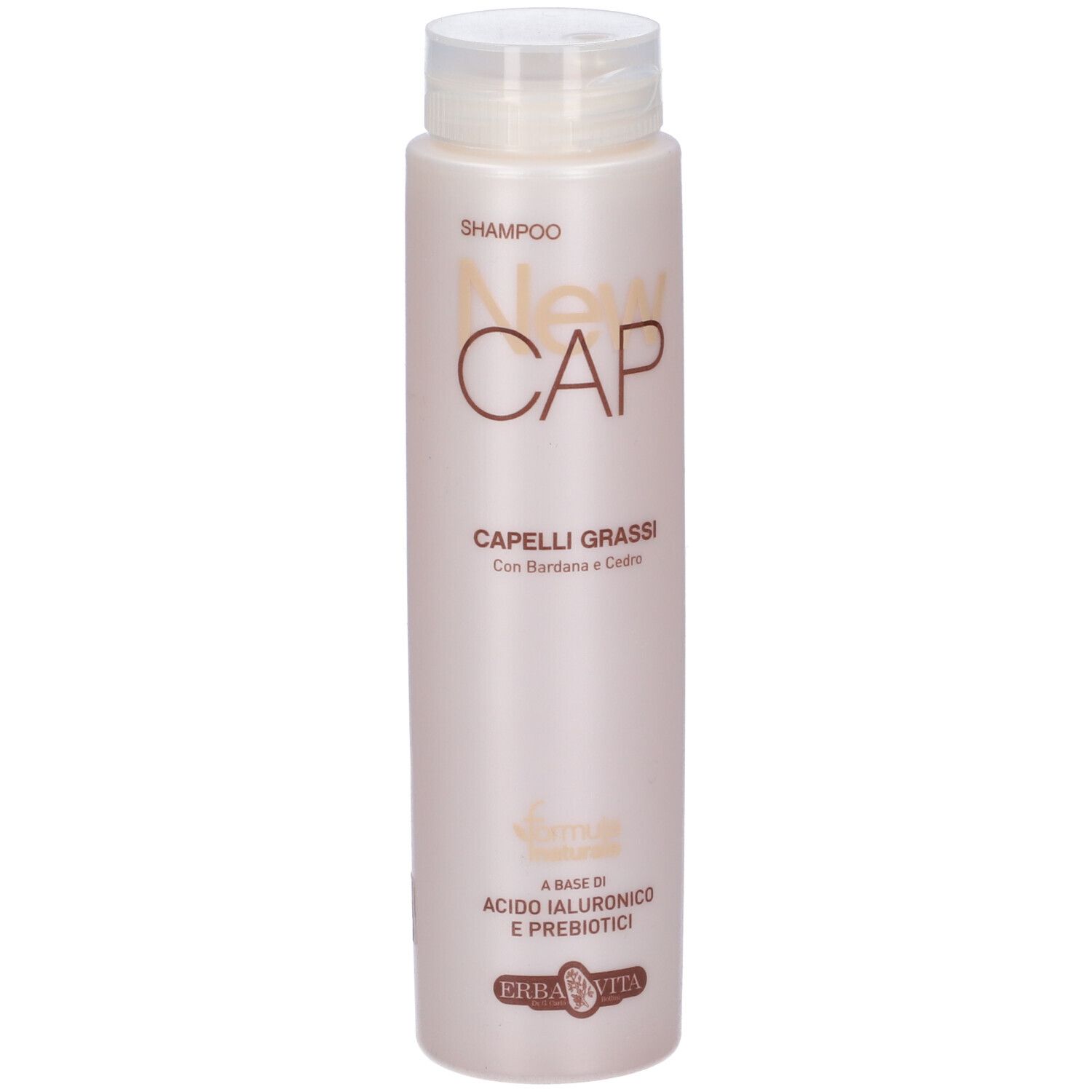 Flacone shampoo. Scritta: New Cap, Capelli Grassi. Con Bardana e Cedro. Logo Erba Vita. Flacone con tappo bianco.