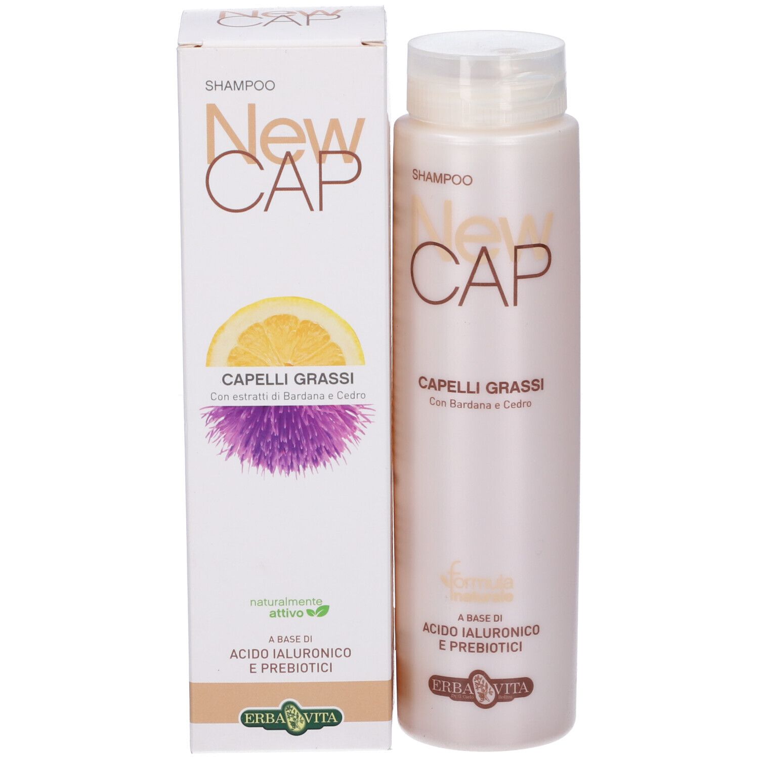 Flacone e confezione shampoo. Scritta: New Cap, Capelli Grassi. Con estratti di Bardana e Cedro. Logo Erba Vita.