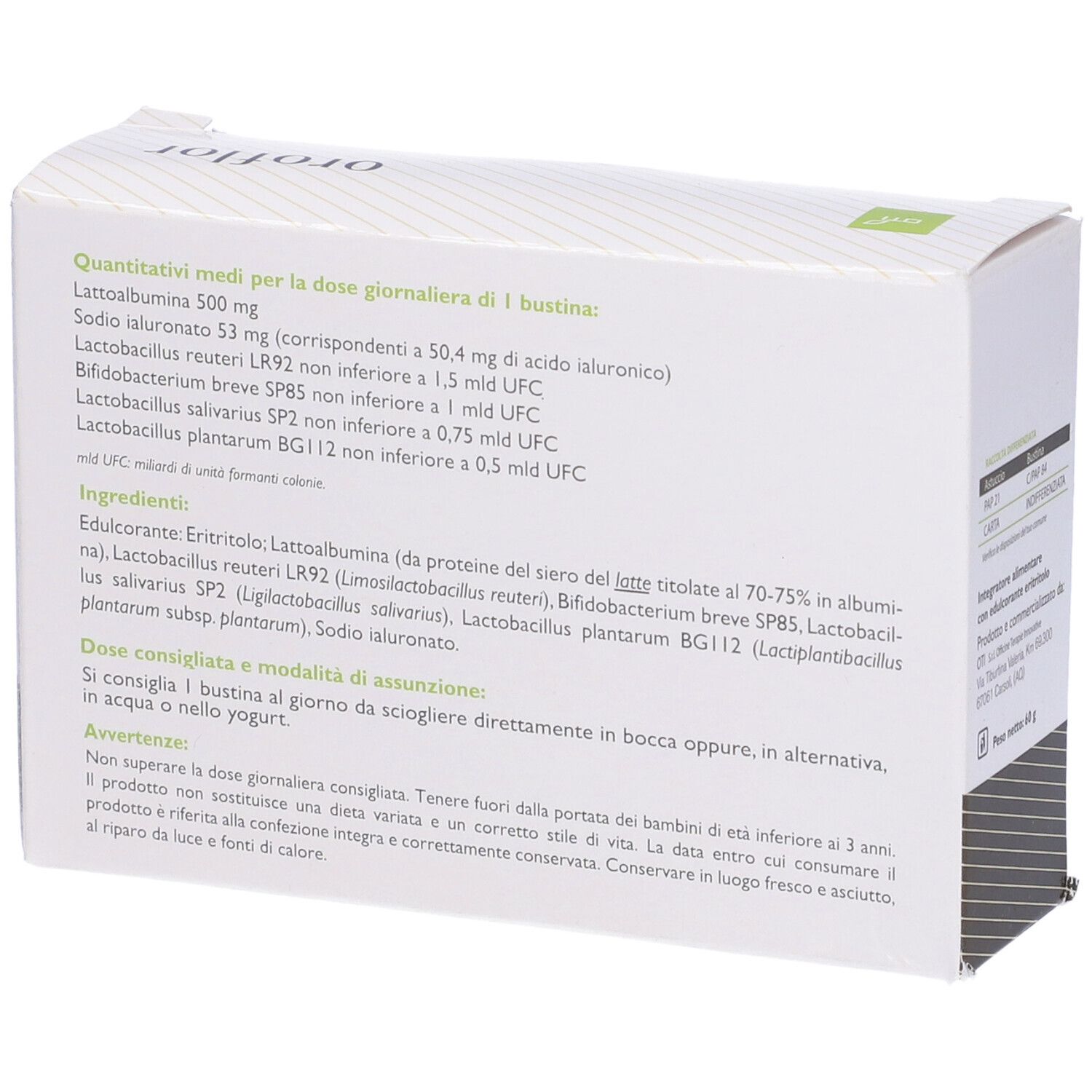 Scatola bianca con testo e informazioni sul contenuto. Contiene informazioni sugli ingredienti e il dosaggio. Vista posteriore.