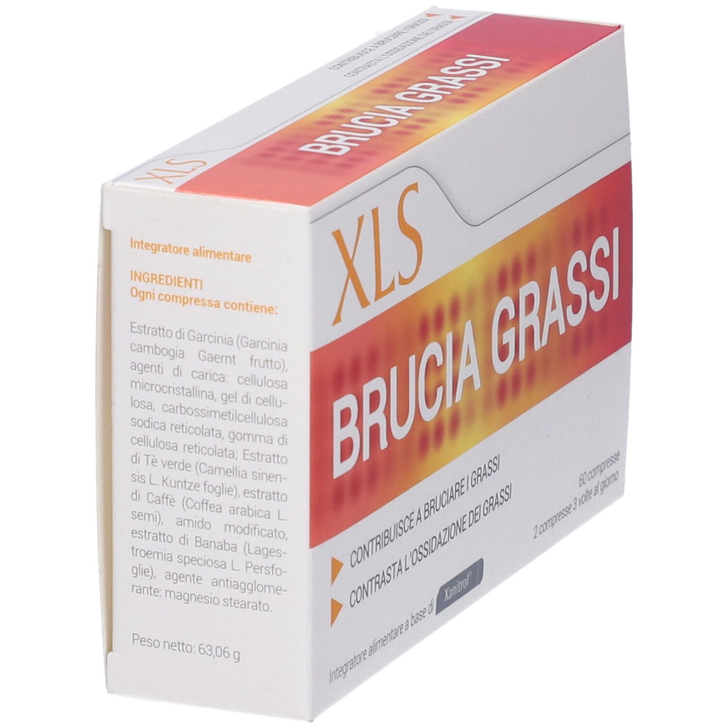 Scatola XLS Brucia Grassi, arancione e bianca. Ingredienti e informazioni nutrizionali visibili.