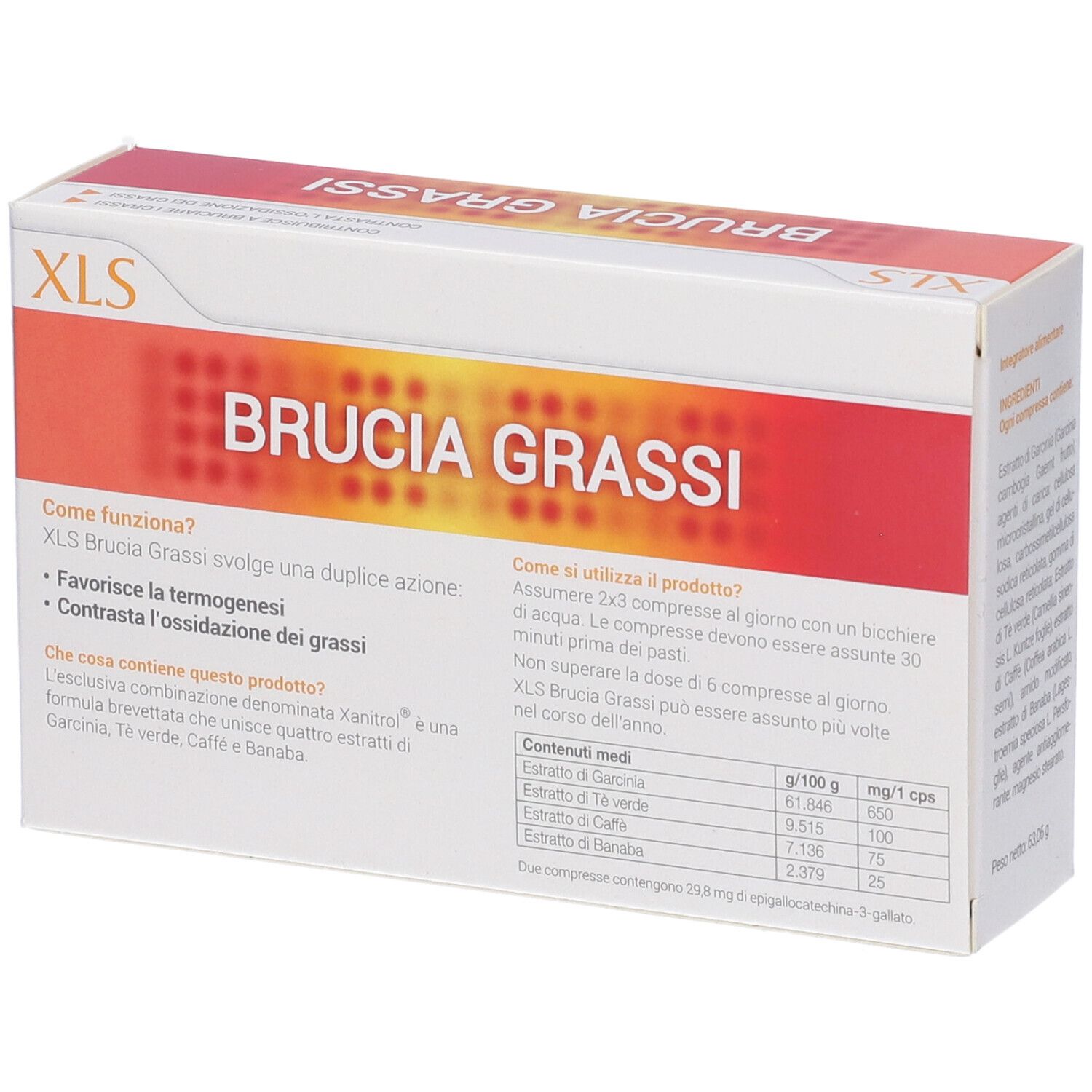 Scatola XLS Brucia Grassi, arancione e bianca. Informazioni sull'uso e ingredienti.