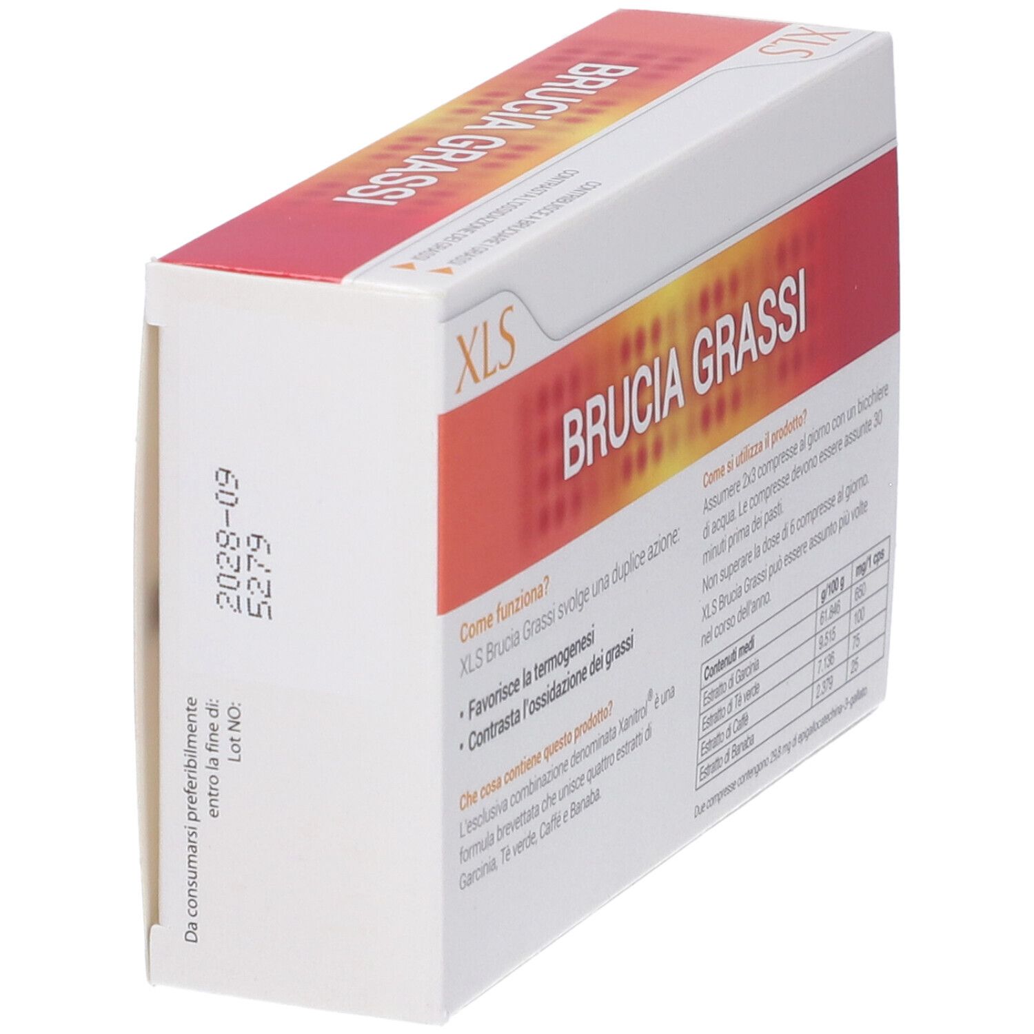 Scatola XLS Brucia Grassi, arancione e bianca. Informazioni sull'uso e ingredienti.