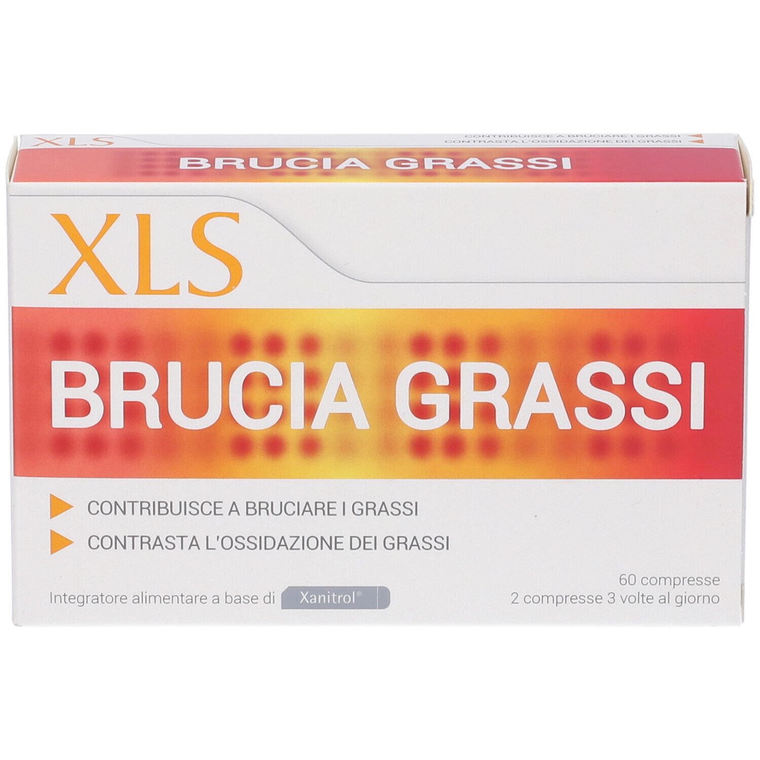 Scatola XLS Brucia Grassi, arancione e bianca. Contiene 60 compresse. Due caratteristiche.