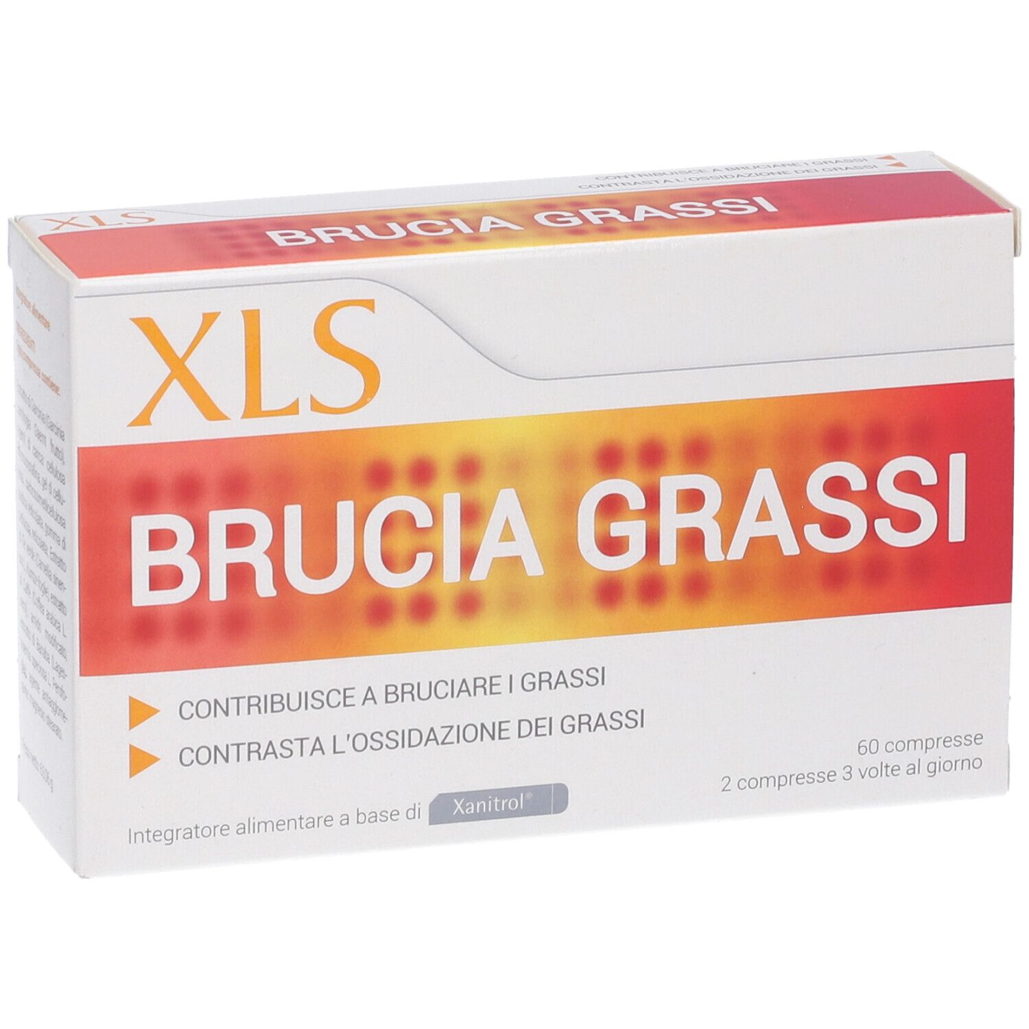Scatola XLS Brucia Grassi, arancione e bianca. Contiene 60 compresse. Due caratteristiche.