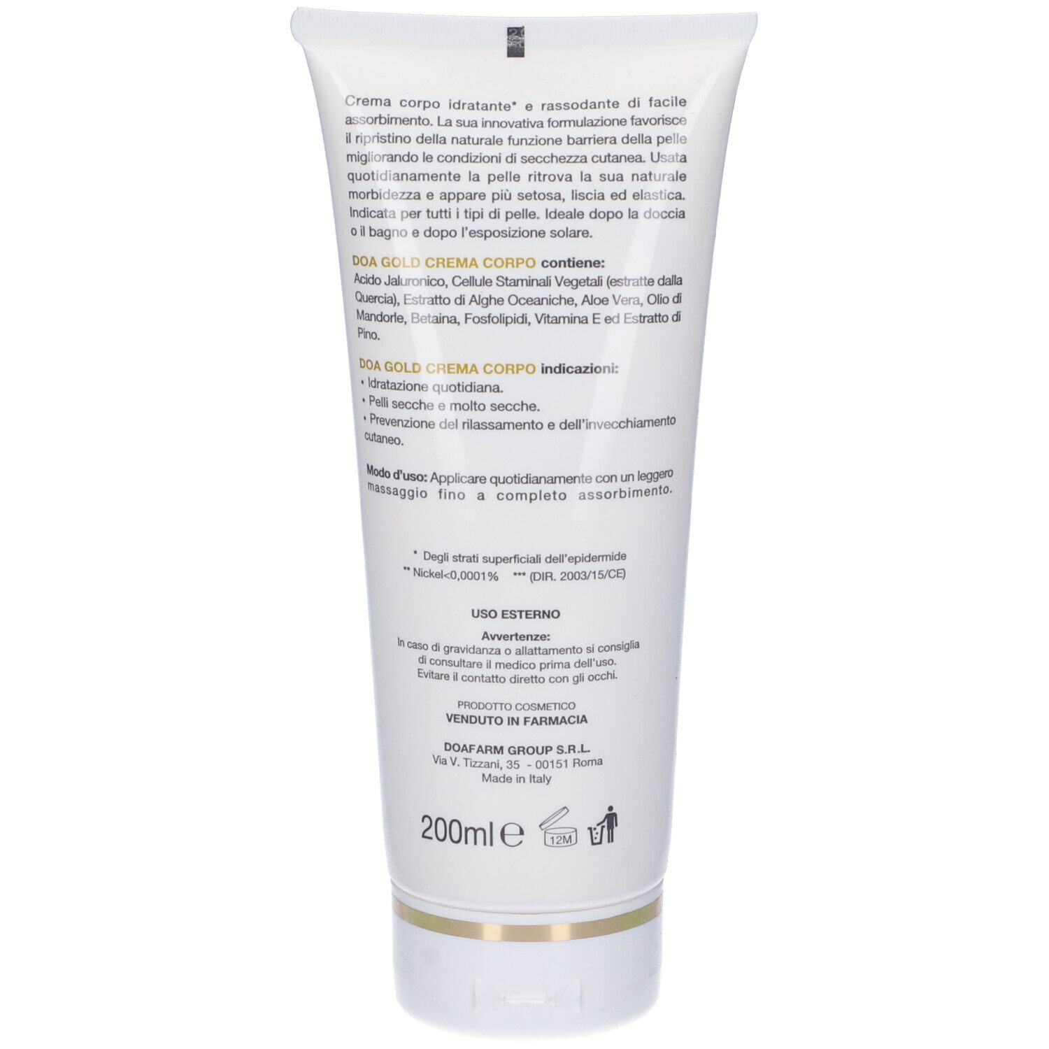 Retro del tubo bianco. Testo: Ingredienti, istruzioni per l'uso. 200ml. Prodotto in Italia.