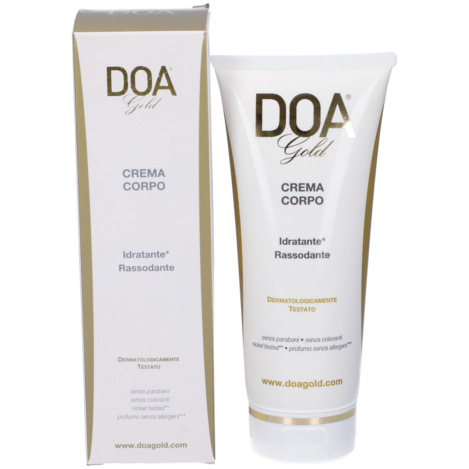 Confezione e tubo. Confezione: bianca con stampa dorata. Tubo: bianco con stampa dorata.