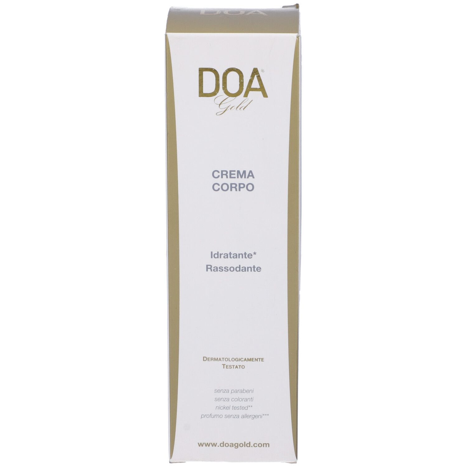 Confezione del prodotto. Bianca con stampa dorata. Testo: DOA Gold, Crema Corpo, Idratante, Rassodante. Dermatologicamente testato.