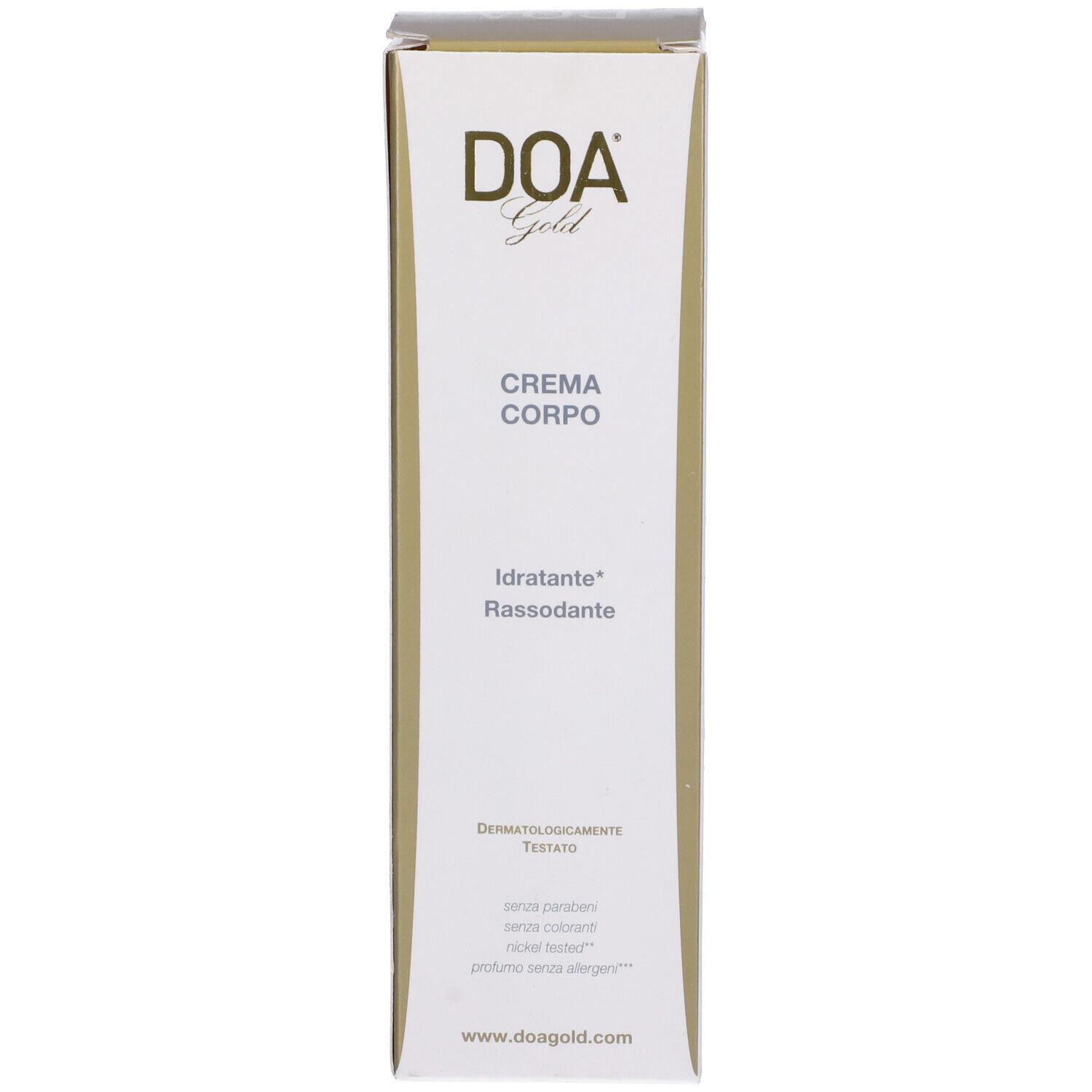 Confezione del prodotto. Bianca con stampa dorata. Testo: DOA Gold, Crema Corpo, Idratante, Rassodante. Dermatologicamente testato.