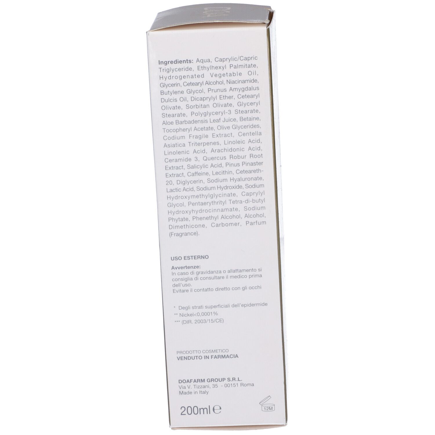 Retro della confezione del prodotto. Testo: Ingredienti, istruzioni per l'uso. 200ml. Prodotto in Italia.