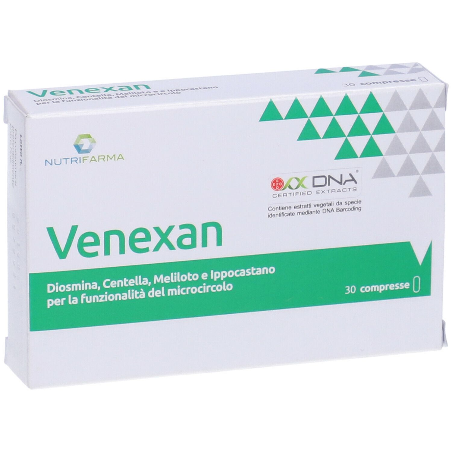 Scatola di compresse Venexan. Scritta: Venexan, 30 compresse. Loghi: Nutrifarma, certificazione DNA.