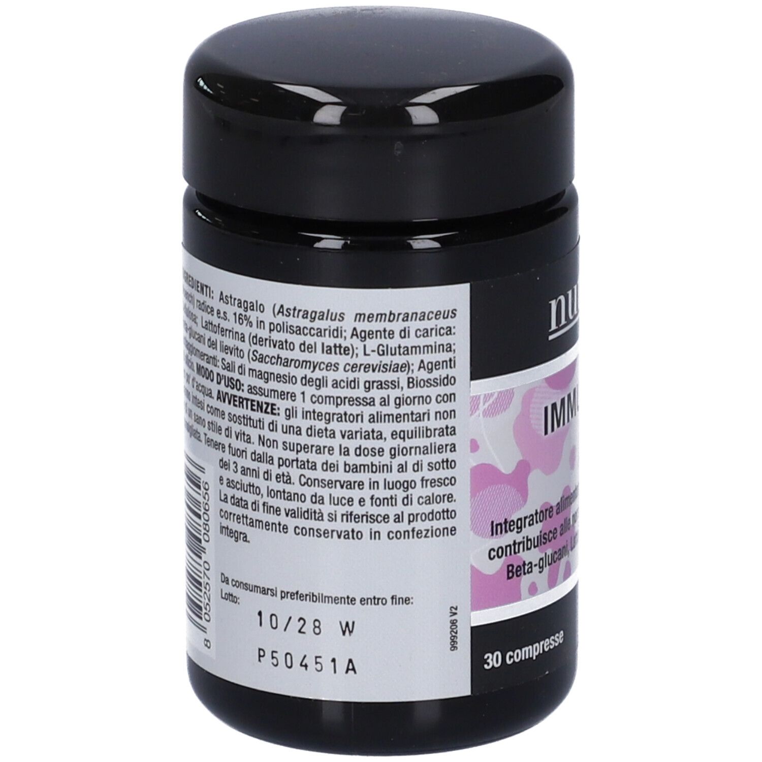 Barattolo nero con coperchio. Retro con testo. Scritta: Nutriva Immunoval. 30 compresse.
