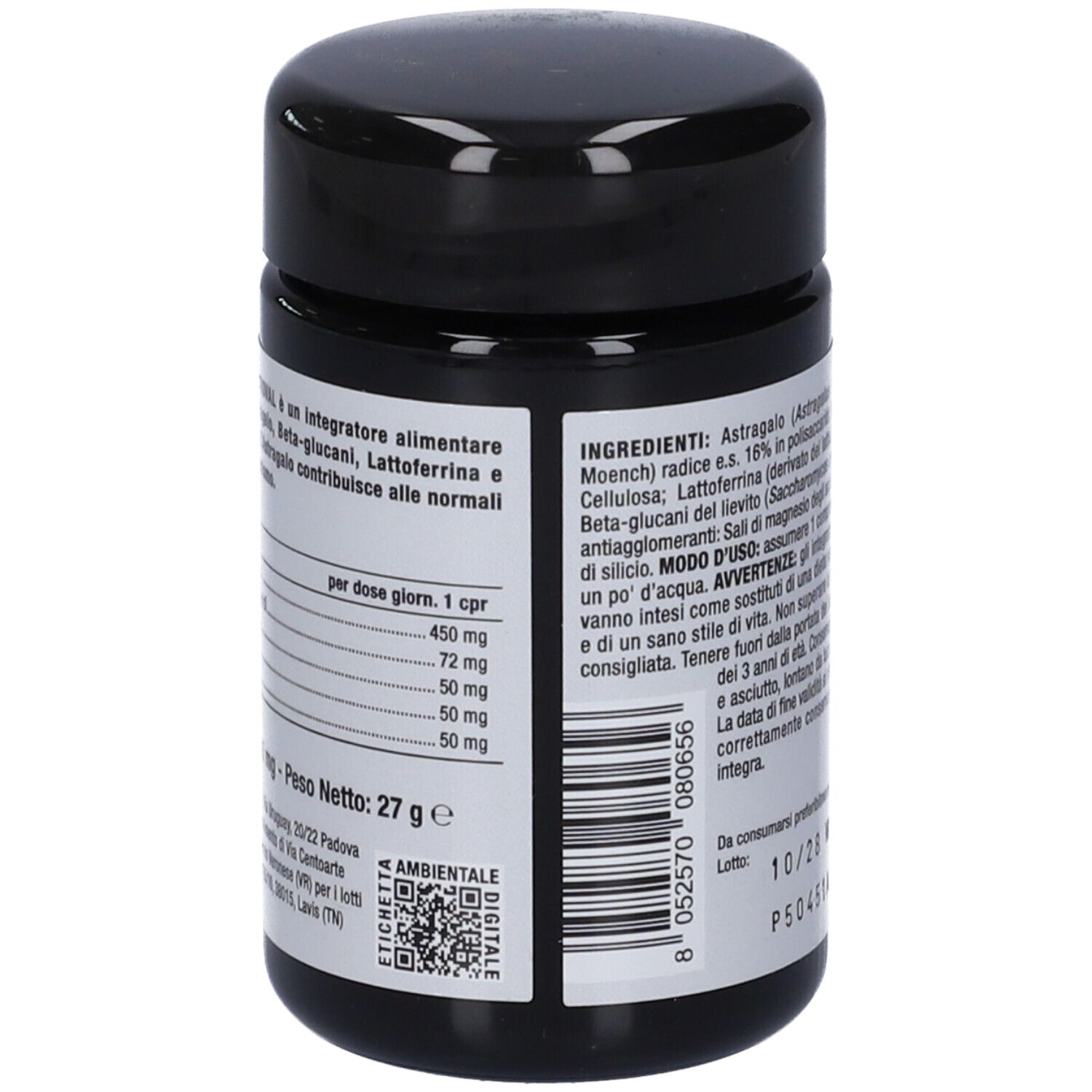 Barattolo nero con coperchio. Lato con testo. Scritta: Nutriva Immunoval. 27 g. Codice QR.