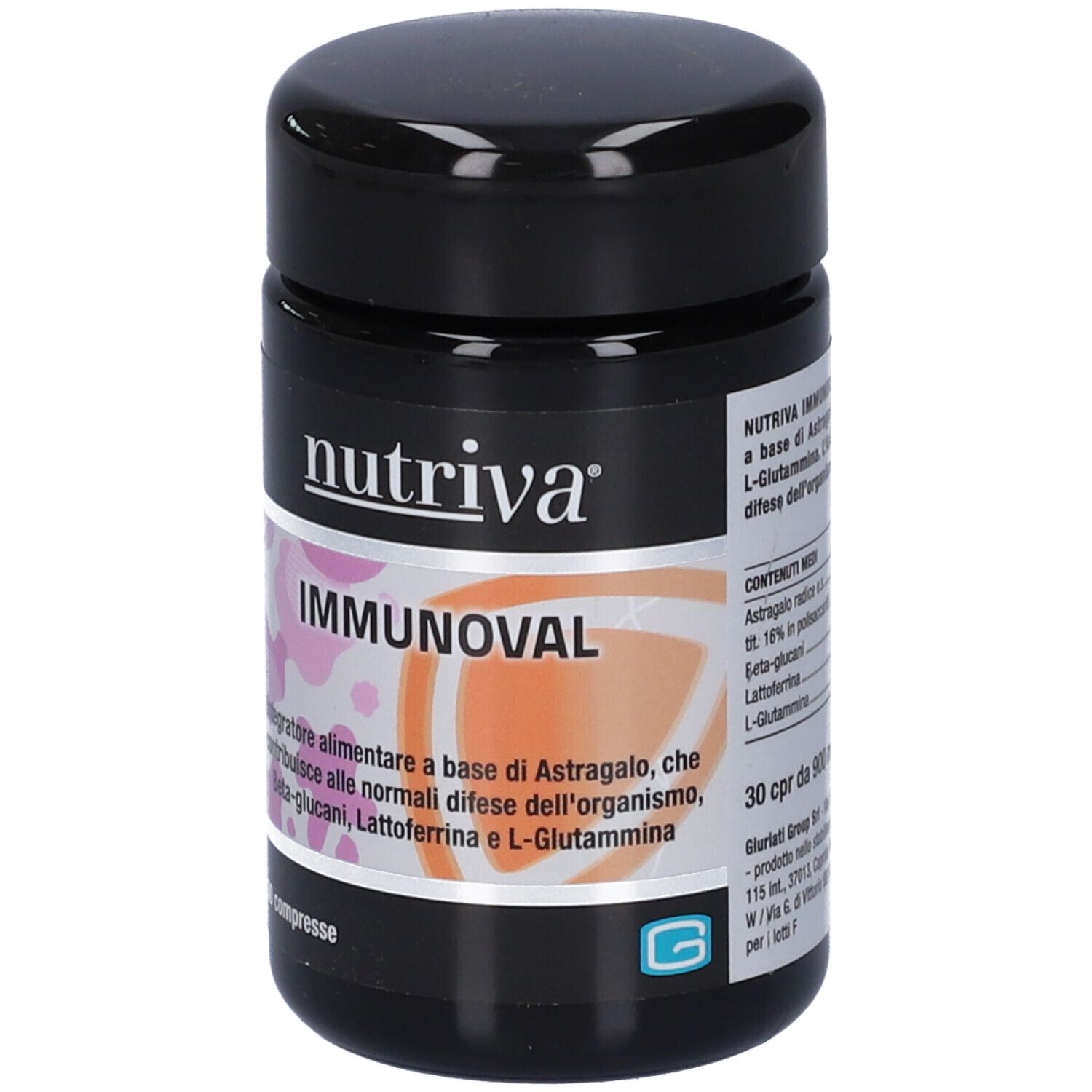 Barattolo nero con coperchio. Scritta: Nutriva Immunoval. 30 compresse. Grafica rosa e arancione.