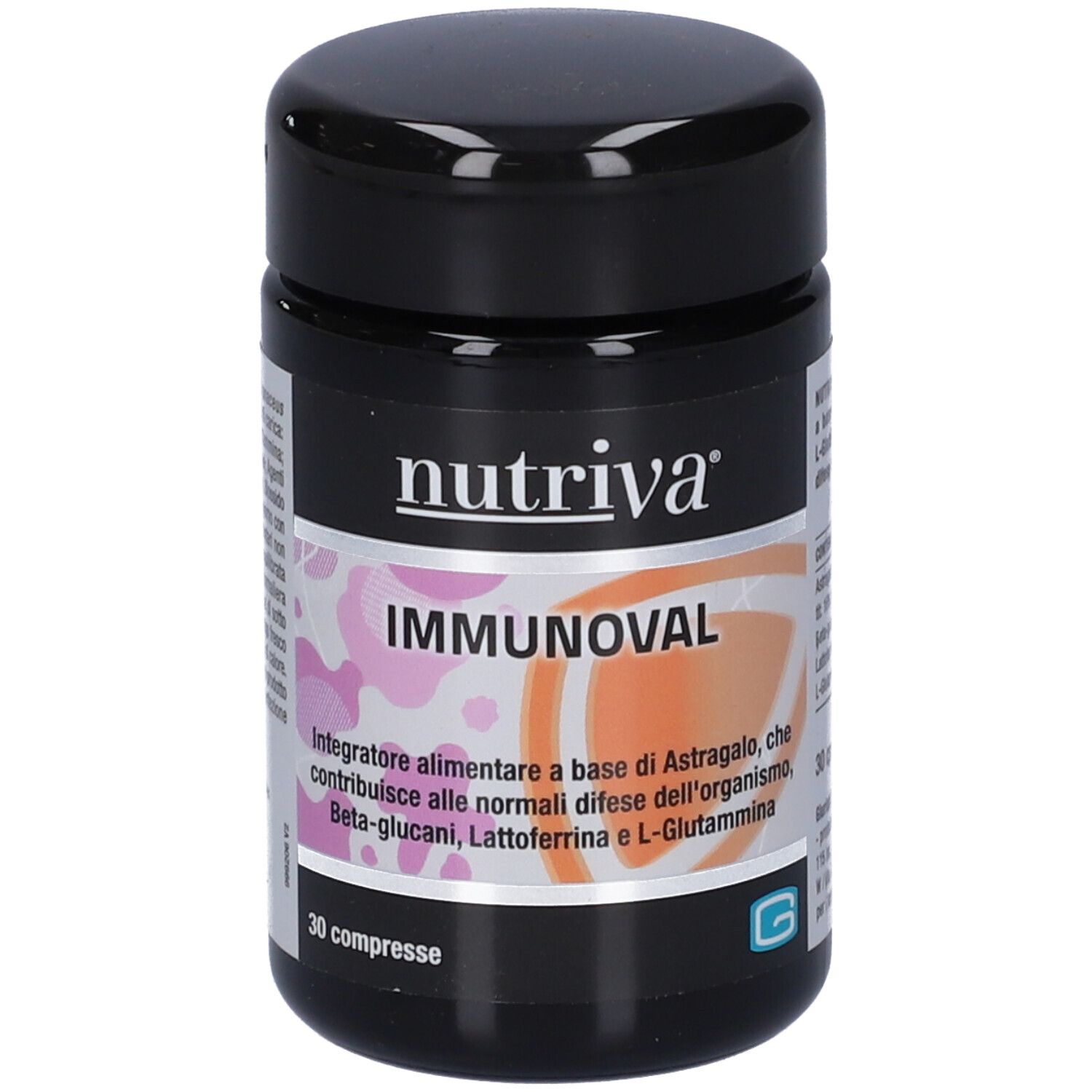 Barattolo nero con coperchio. Scritta: Nutriva Immunoval. 30 compresse. Grafica rosa.