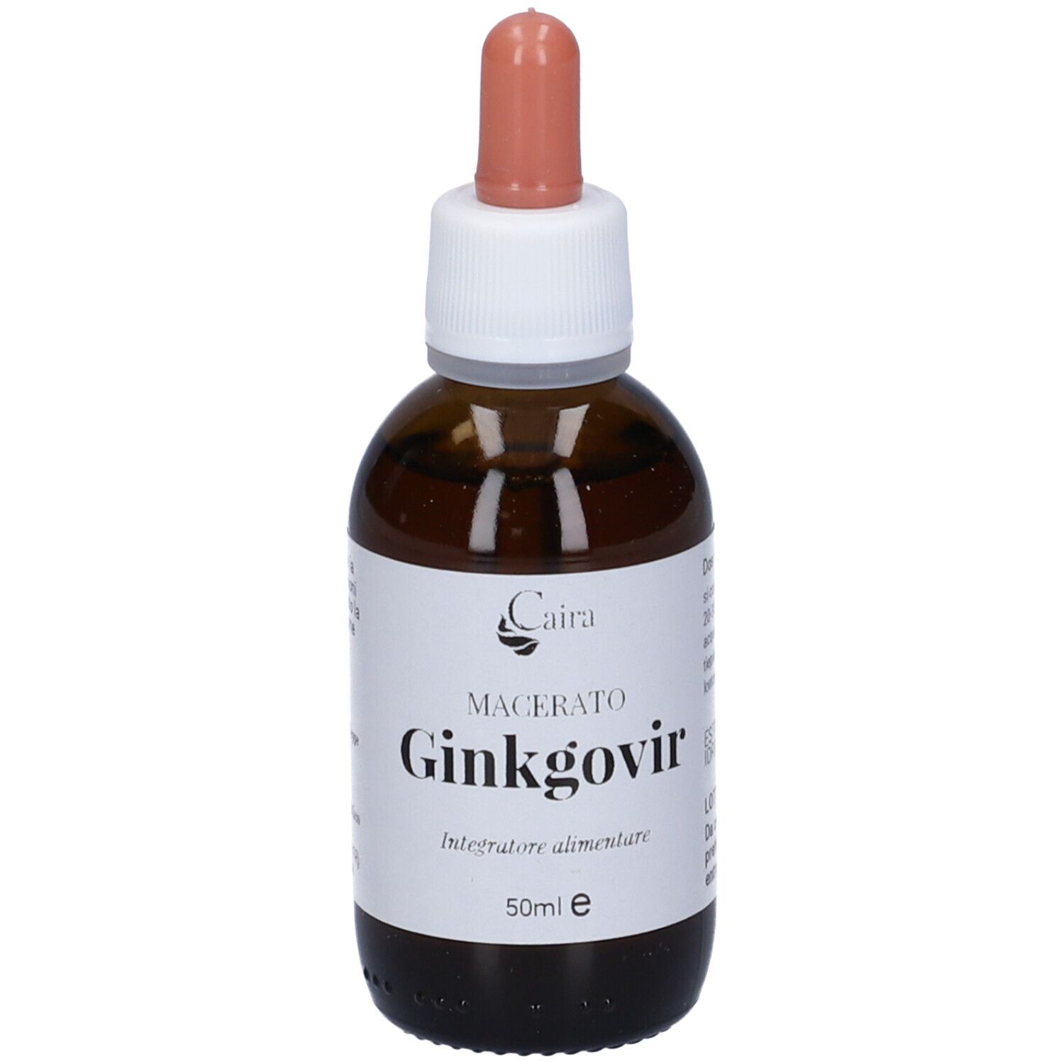 Flacone di vetro marrone con etichetta bianca. Scritta: Caira, Ginkgovir, 50 ml. Con contagocce.