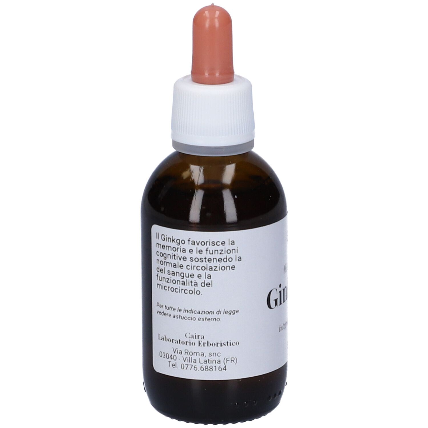Flacone di vetro marrone con etichetta bianca. Scritta: Caira, Ginkgovir, 50 ml. Con contagocce. Testo sull'etichetta.