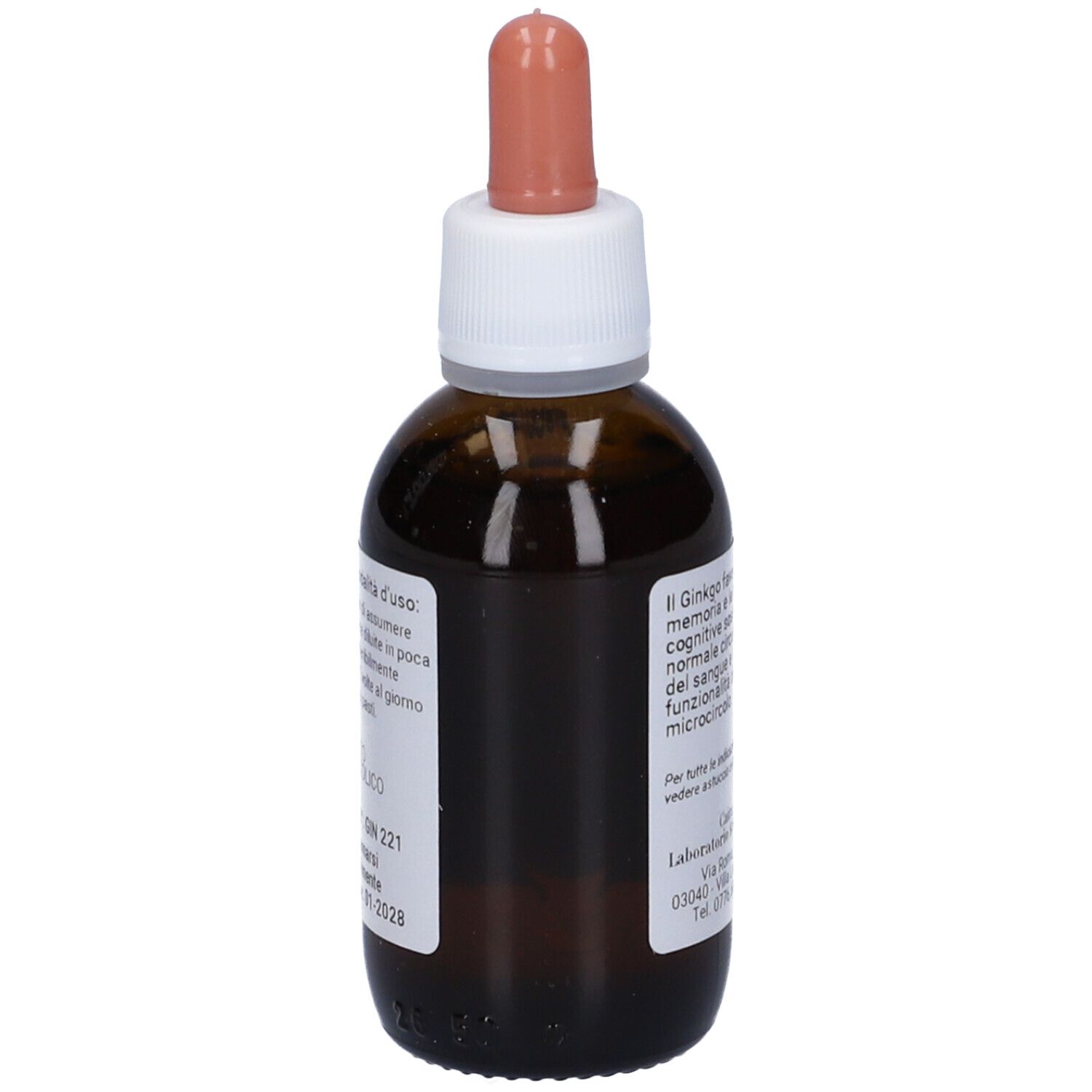 Flacone di vetro marrone con etichetta bianca. Scritta: Caira, Ginkgovir, 50 ml. Con contagocce. Testo sull'etichetta.