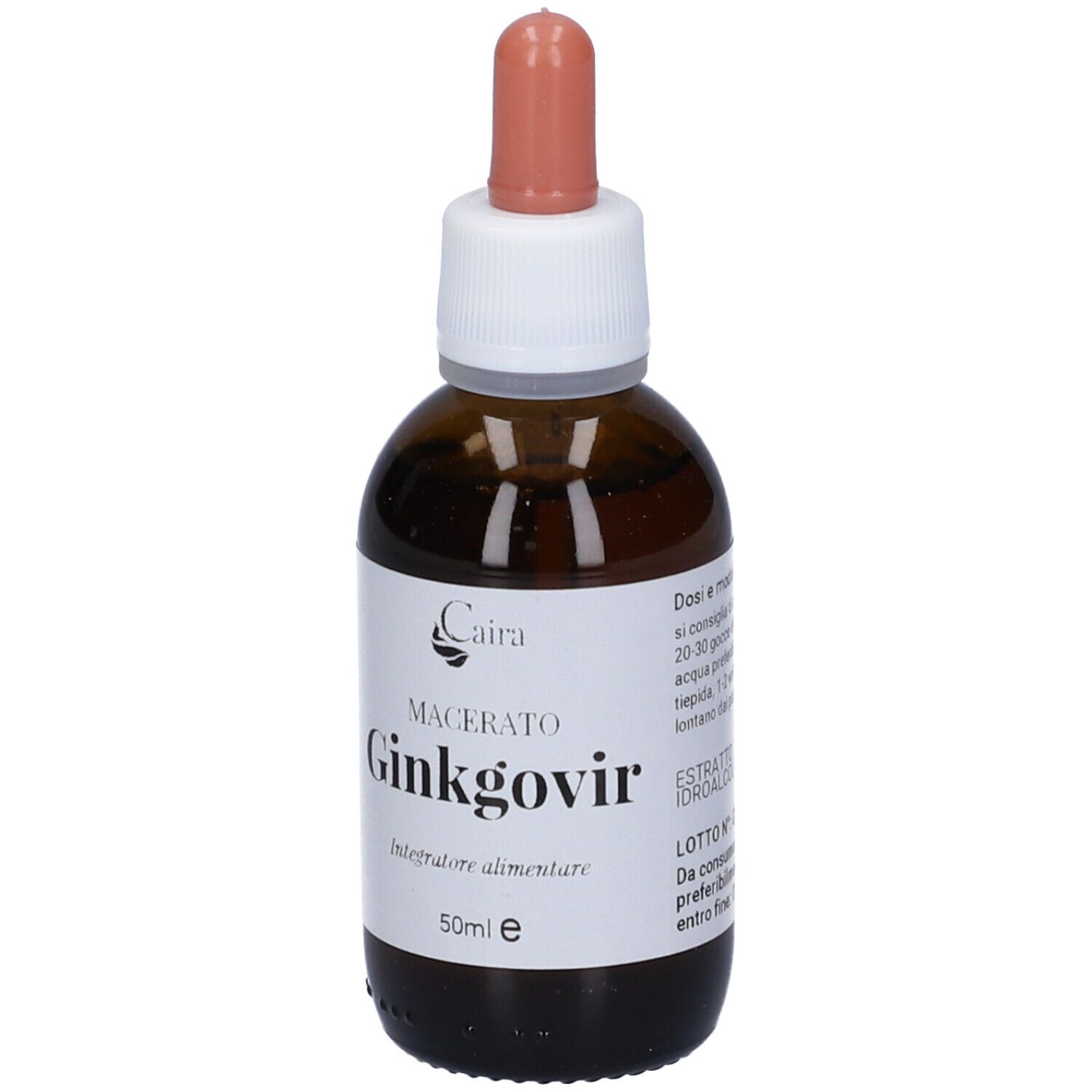 Flacone di vetro marrone con etichetta bianca. Scritta: Caira, Ginkgovir, 50 ml. Con contagocce. Testo sull'etichetta.