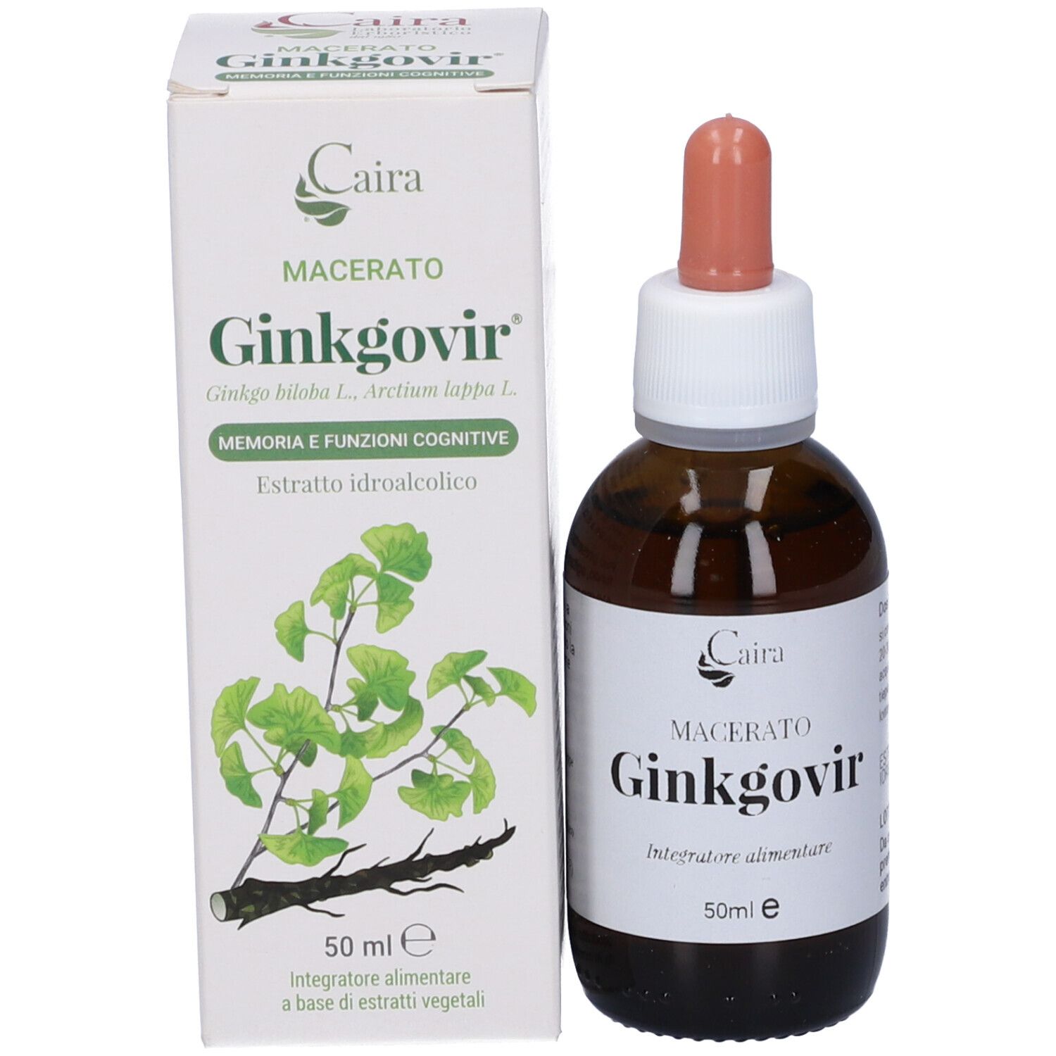 Flacone di vetro marrone e scatola. Scritta: Caira, Ginkgovir, 50 ml. Con contagocce. Scatola con illustrazione di foglie di Ginkgo.
