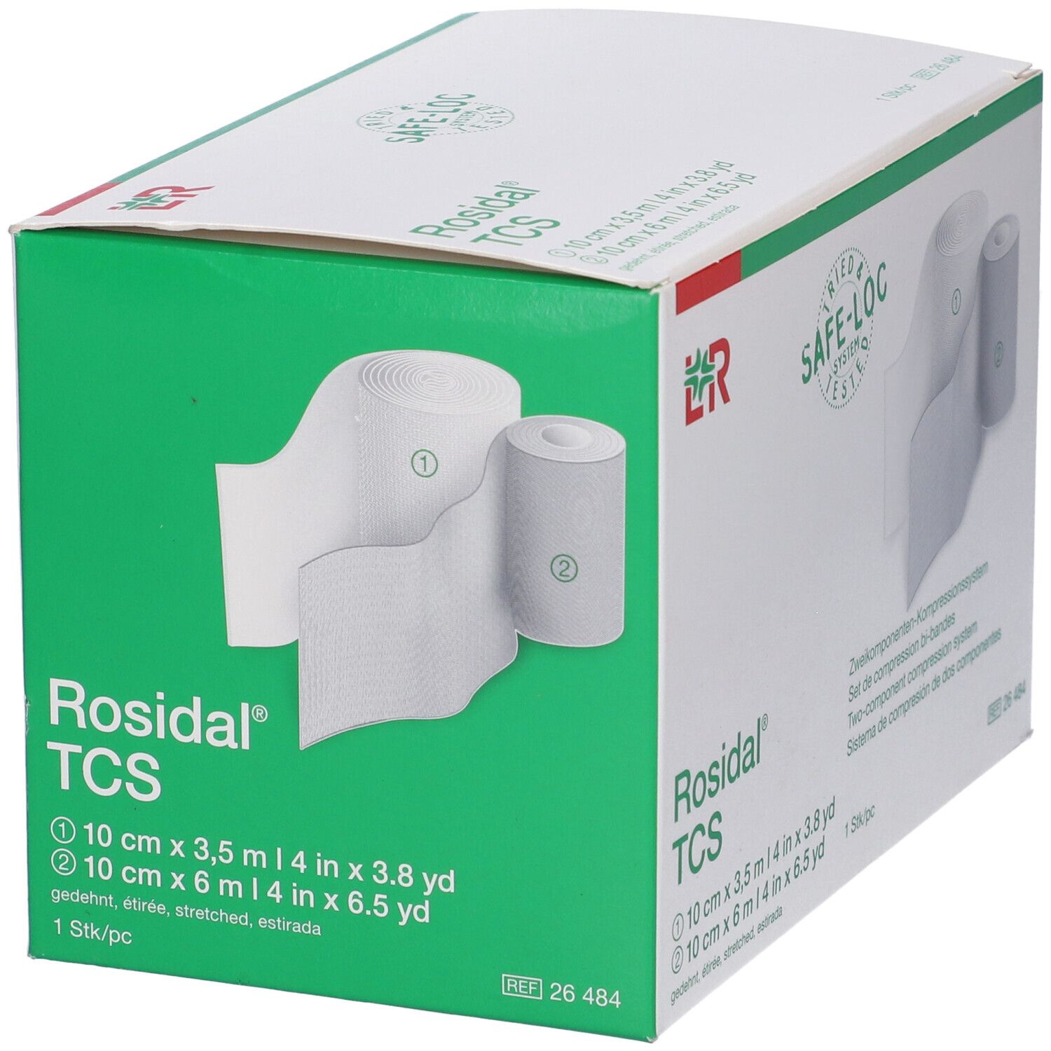 Confezione di Rosidal TCS. Sistema di compressione a due componenti. Contiene due rotoli di benda. Scatola verde e bianca.