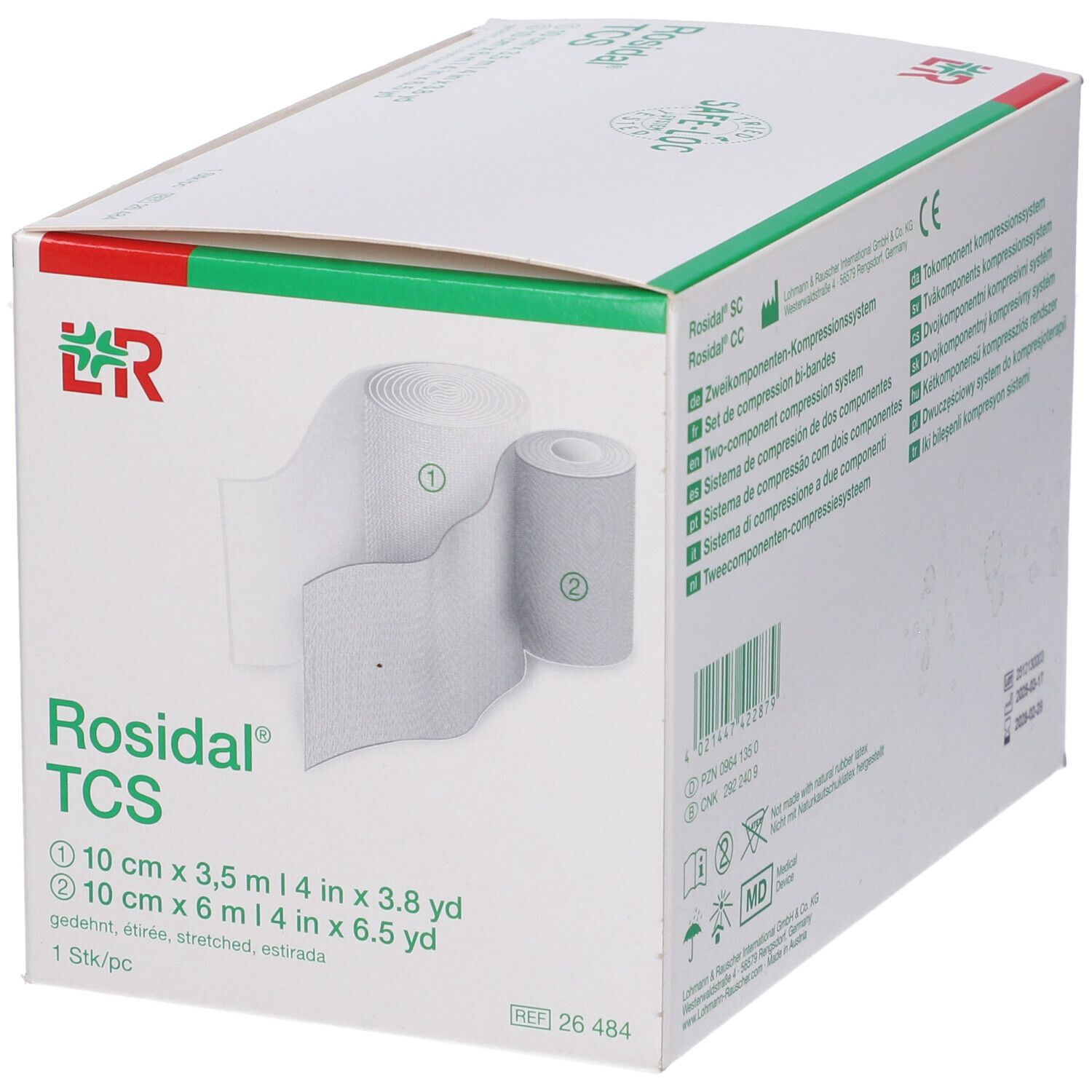 Confezione di Rosidal TCS. Sistema di compressione a due componenti. Contiene due rotoli di benda. Scatola verde e bianca.