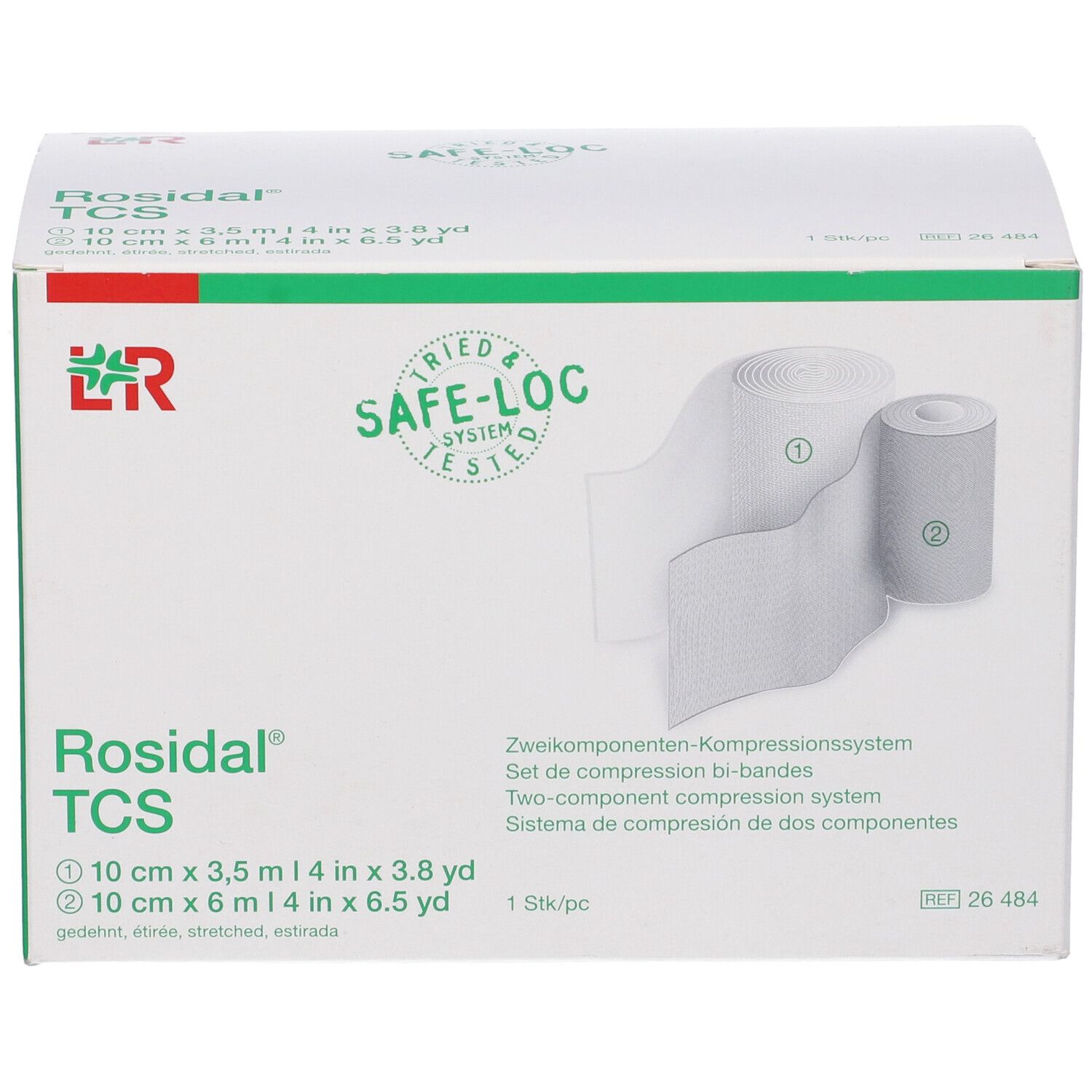 Confezione di Rosidal TCS. Sistema di compressione a due componenti. Contiene due rotoli di benda. Scatola verde e bianca.