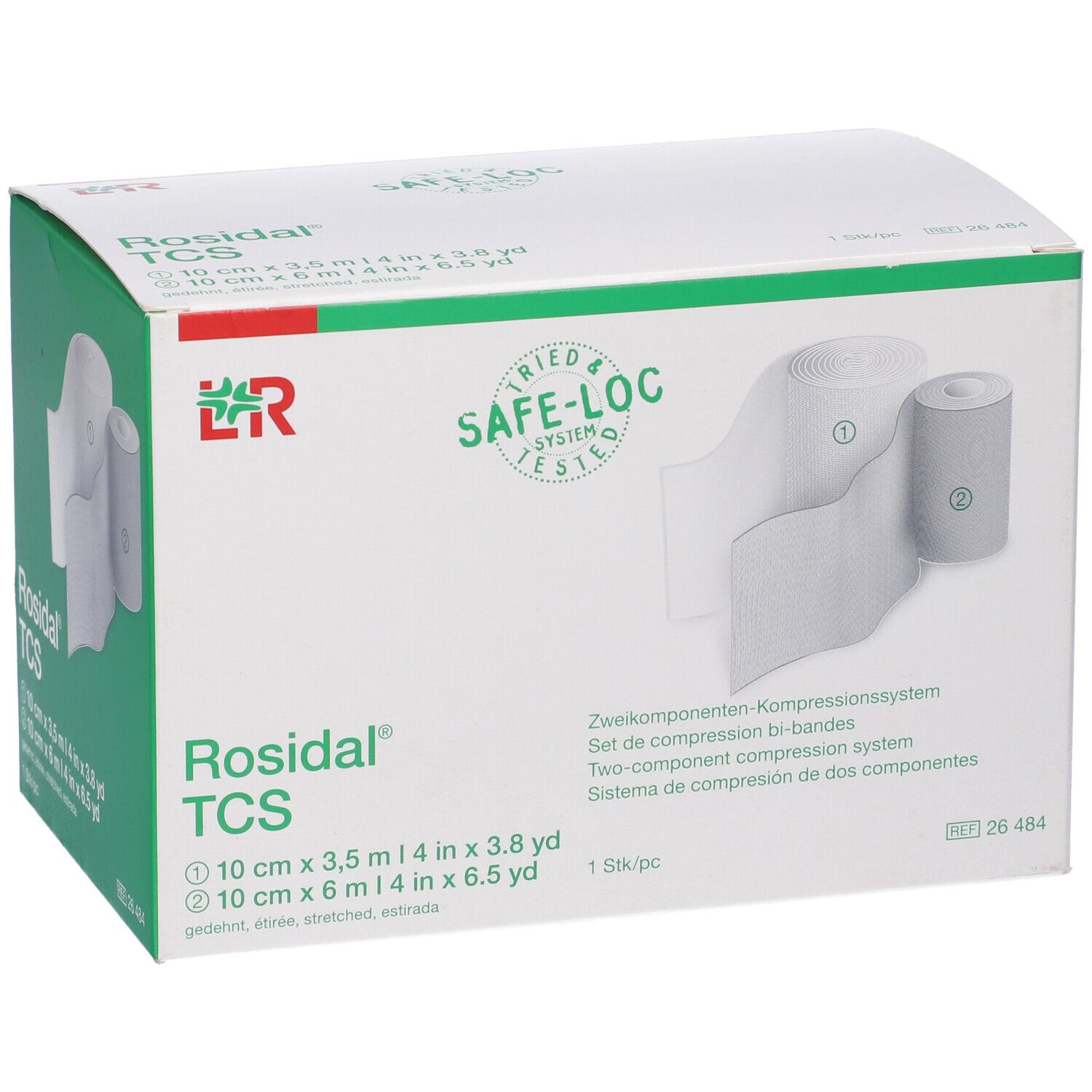 Confezione di Rosidal TCS. Sistema di compressione a due componenti. Contiene due rotoli di benda. Scatola verde e bianca.