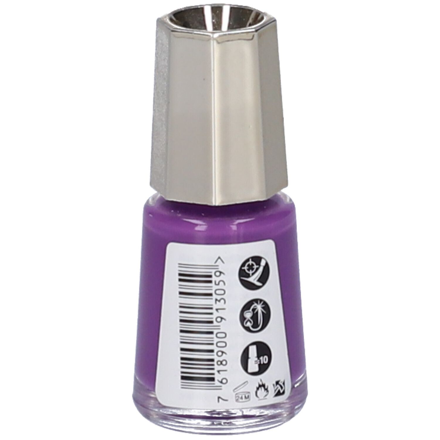 Retro di un flacone Mavala Mini Color Smalto per unghie, viola. Include codice a barre e simboli di avvertenza.