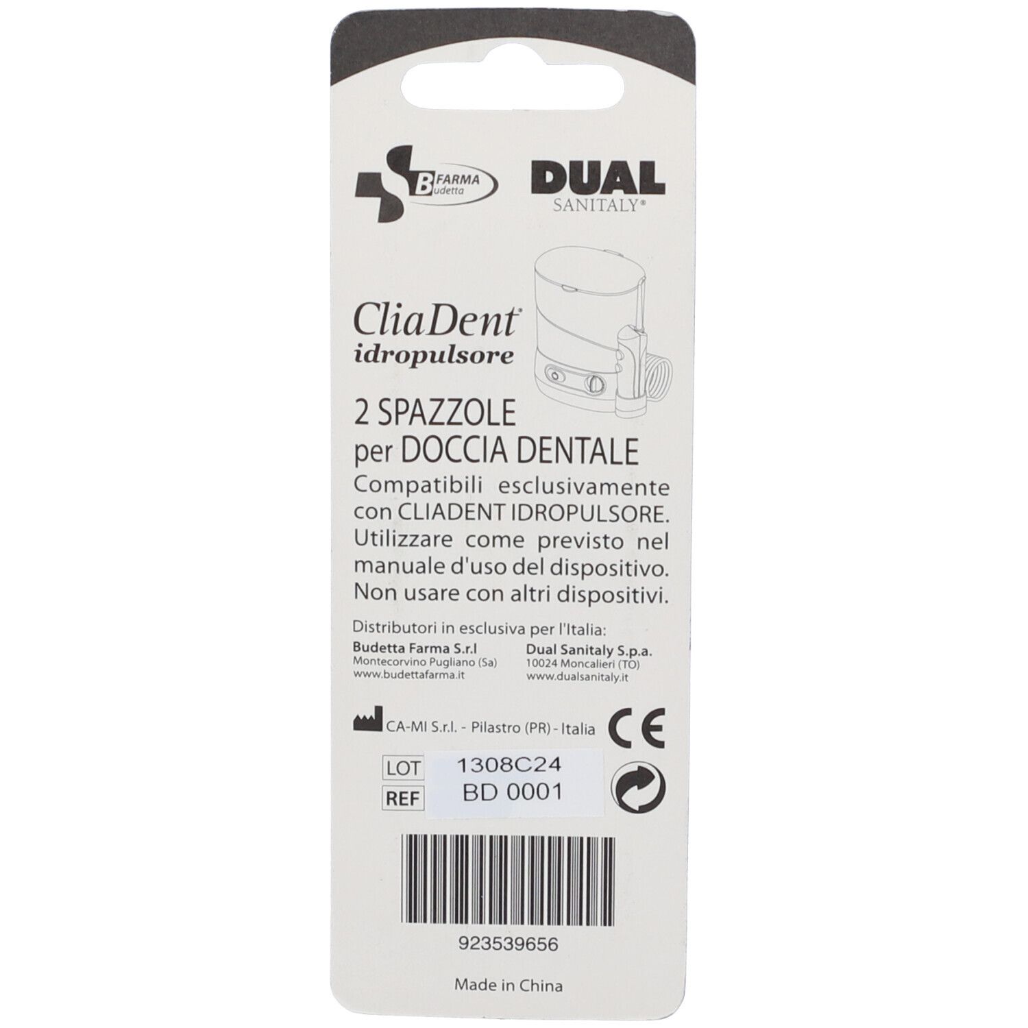 Retro confezione con informazioni prodotto. Testo: Cliadent Idropulsore, 2 Spazzole per Doccia Dentale. Marchio CE.