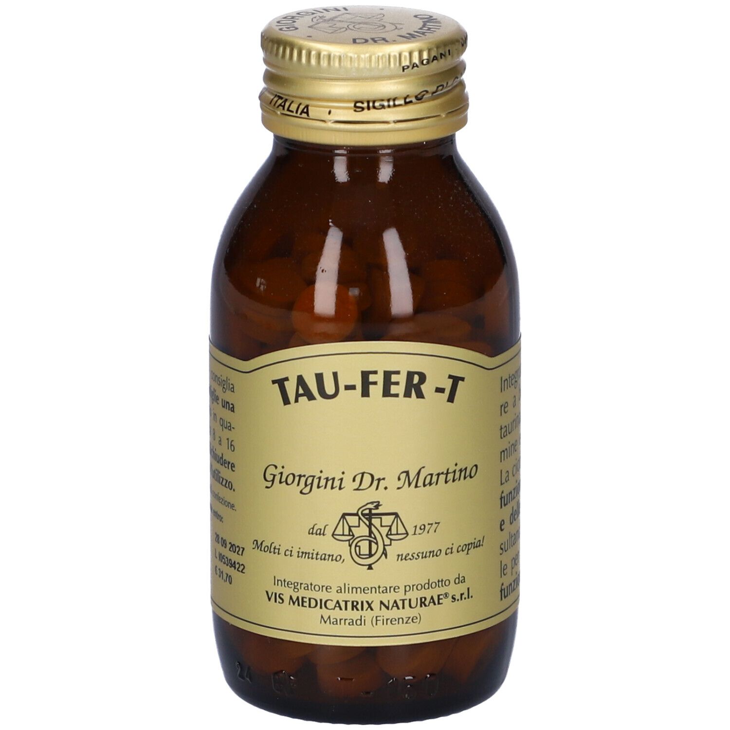 Flacone in vetro marrone con pastiglie. Scritta: TAU-FER-T, Giorgini Dr. Martino. Tappo dorato.