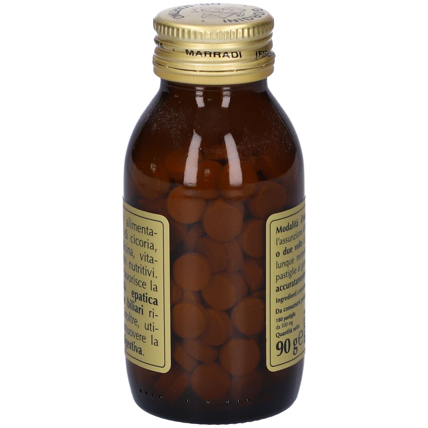 Flacone in vetro marrone con pastiglie. Scritta: TAU-FER-T, Giorgini Dr. Martino. Retro con testo.