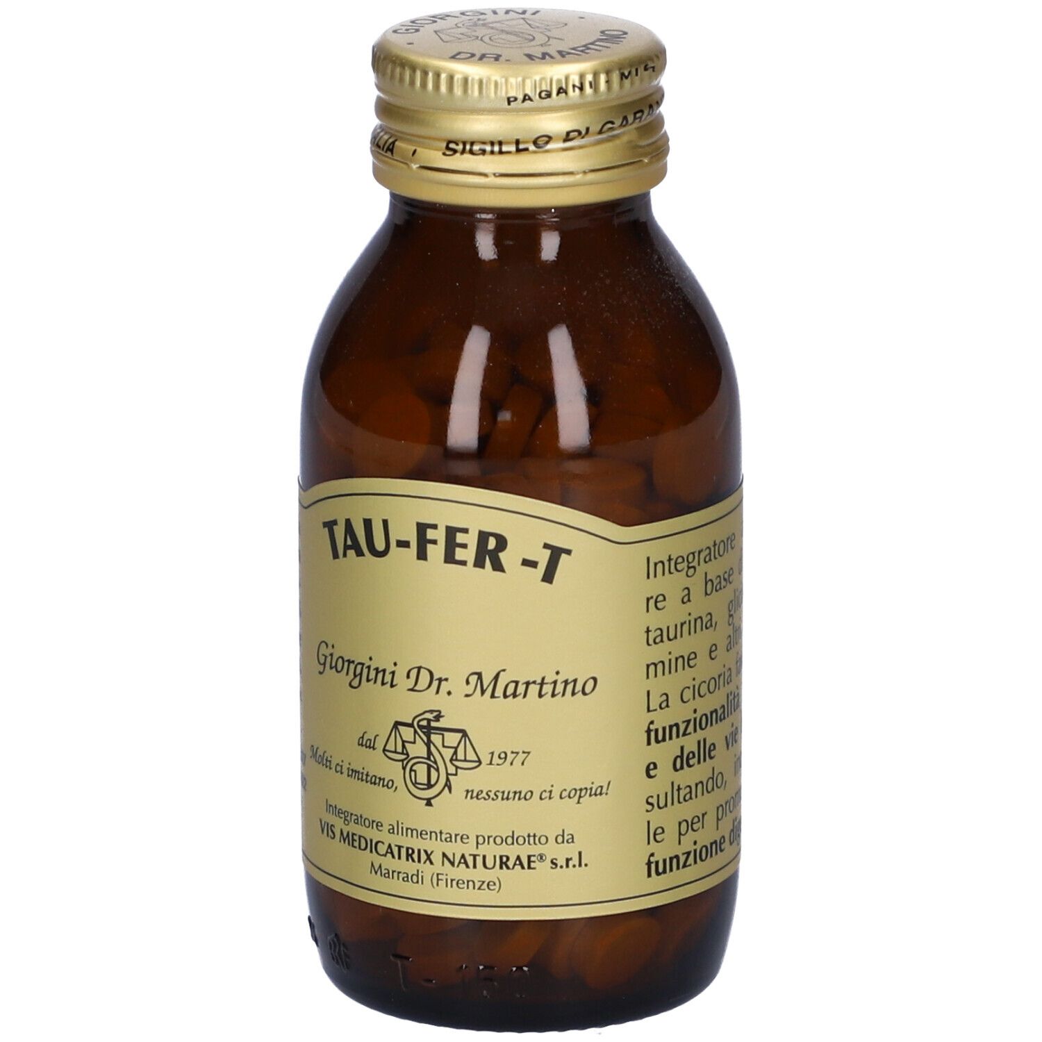 Flacone in vetro marrone con pastiglie. Scritta: TAU-FER-T, Giorgini Dr. Martino. Retro con testo.
