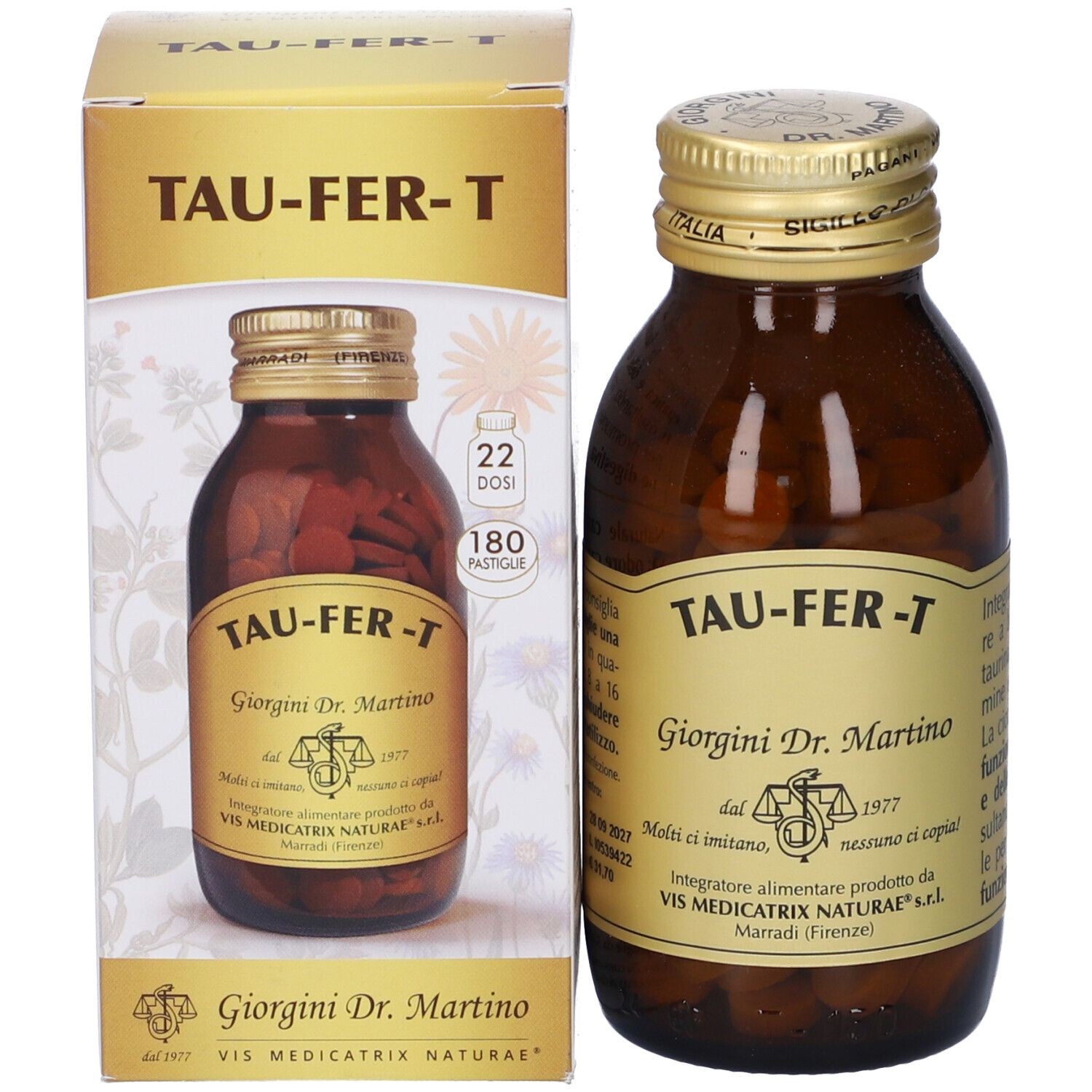 Flacone in vetro marrone con pastiglie e scatola. Scritta: TAU-FER-T, Giorgini Dr. Martino. 180 Pastiglie.