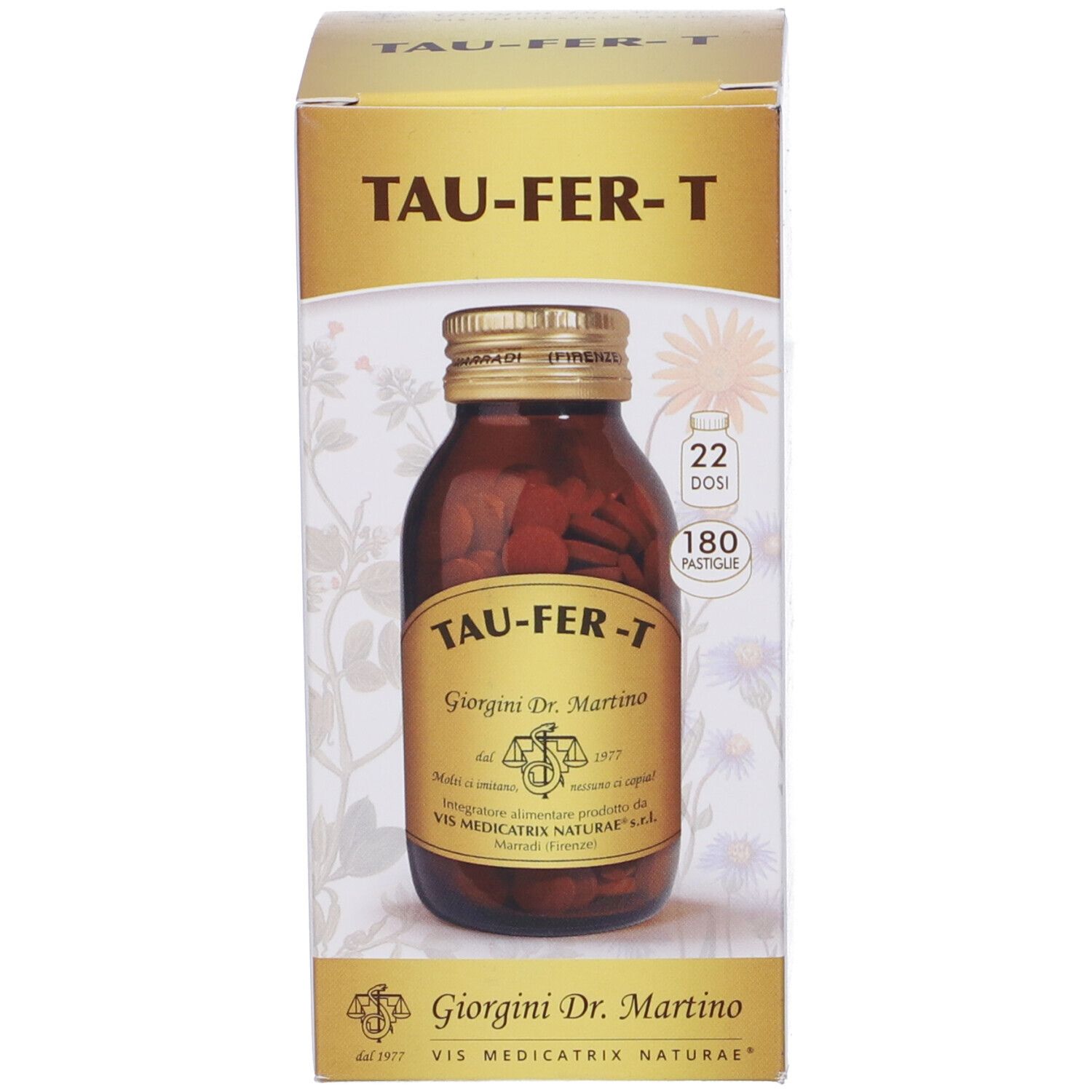 Scatola con flacone in vetro marrone. Scritta: TAU-FER-T, Giorgini Dr. Martino. 180 Pastiglie.