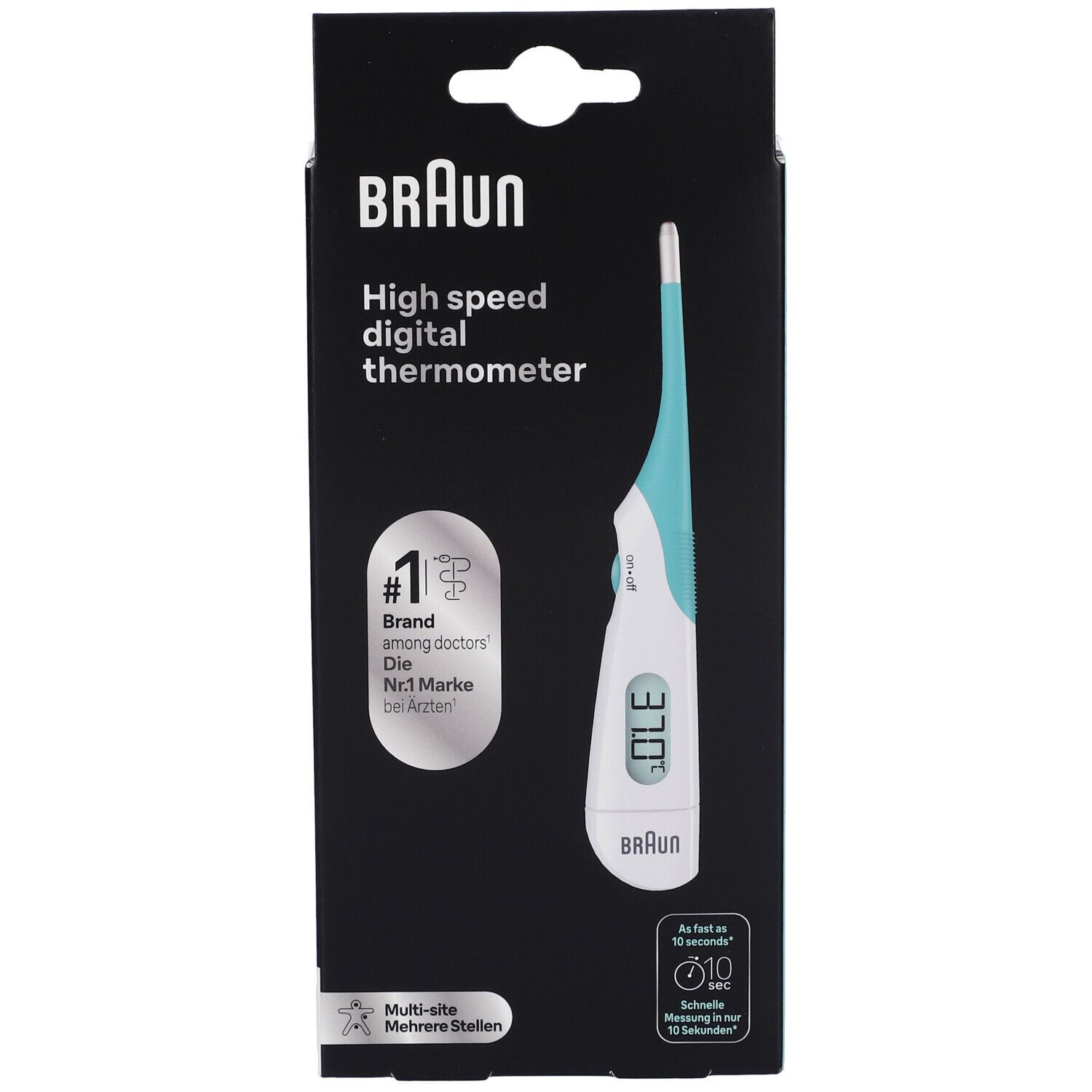 Termometro digitale Braun nella sua confezione, con display "37.0°C".