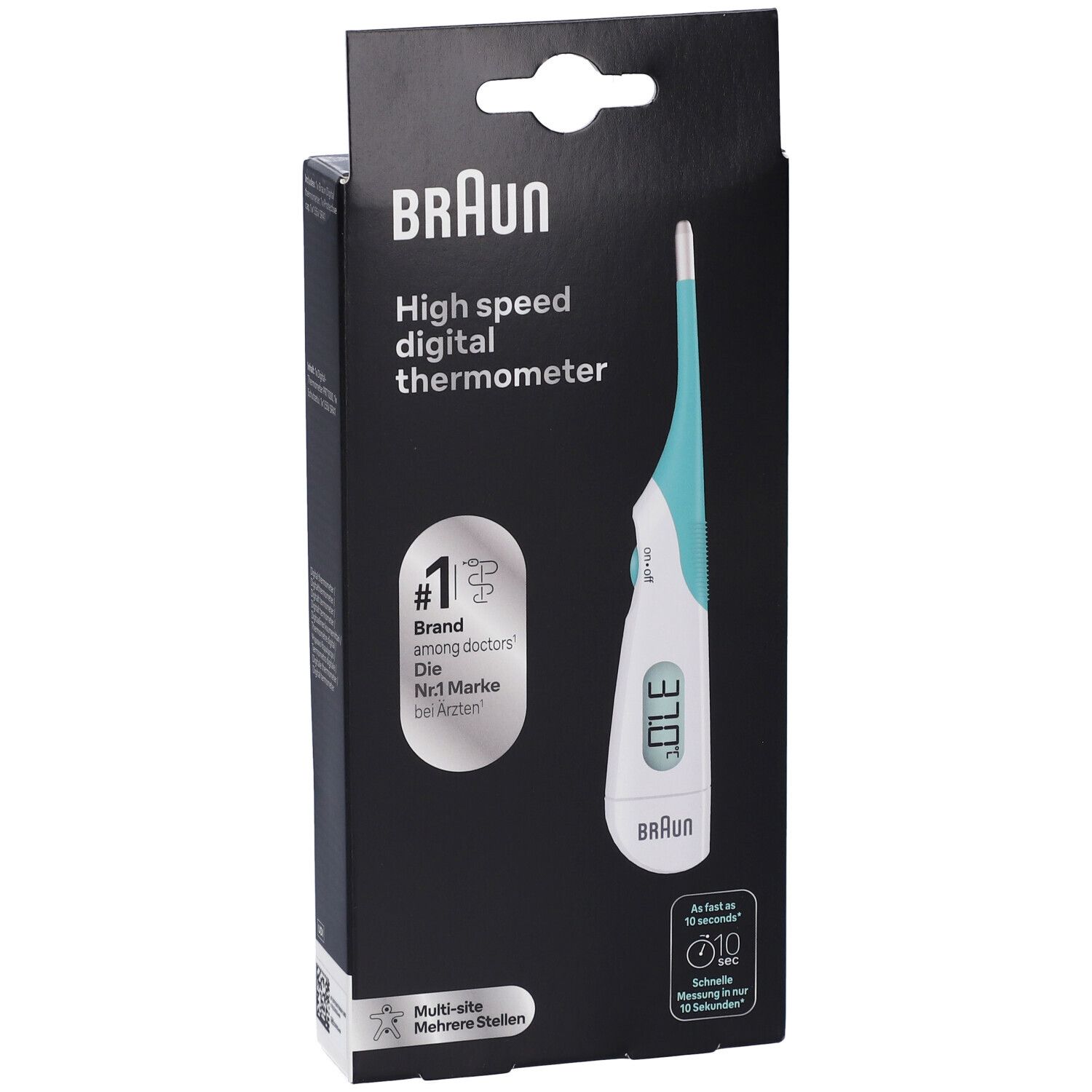 Termometro digitale ad alta velocità Braun nella sua confezione.