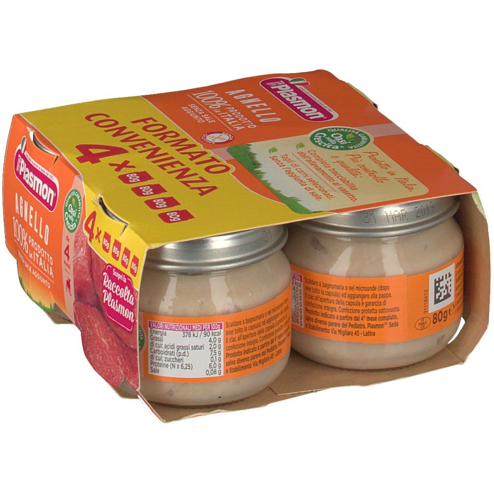 Confezione da quattro vasetti Plasmon® Omog. Due vasetti visibili. Scritta: Agnelllo 100% prodotto in Italia.