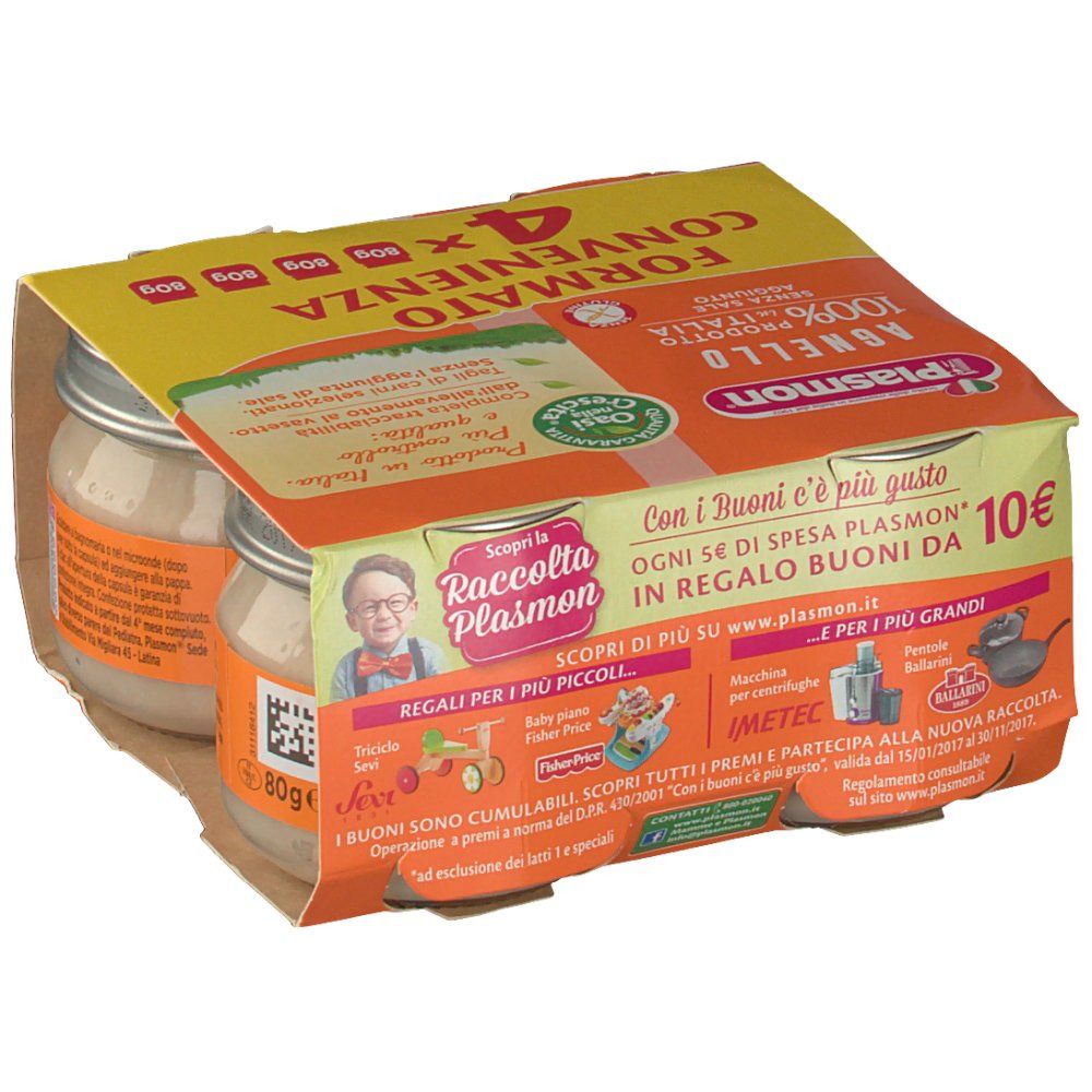 Confezione da quattro vasetti Plasmon® Omog. Due vasetti visibili. Scritta: Agnelllo 100% prodotto in Italia. Con promozione.
