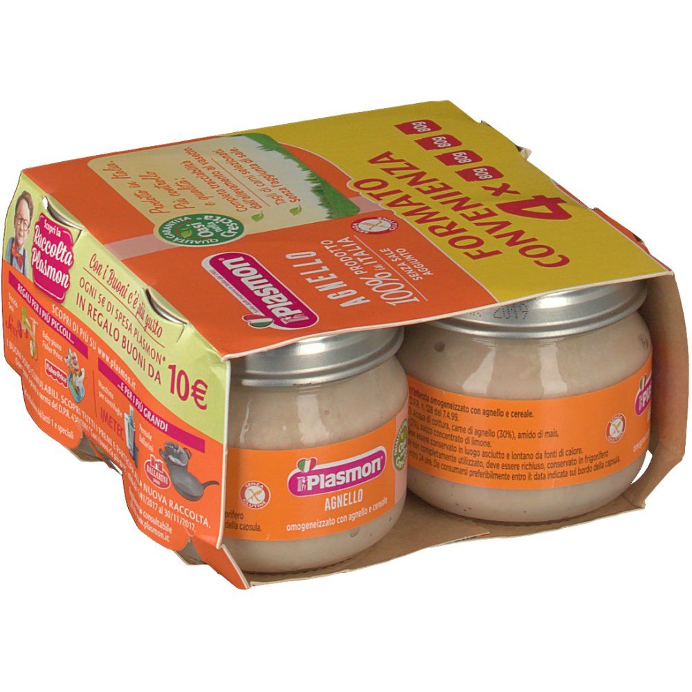 Confezione da quattro vasetti Plasmon® Omog. Due vasetti visibili. Scritta: Agnelllo 100% prodotto in Italia. Con promozione.