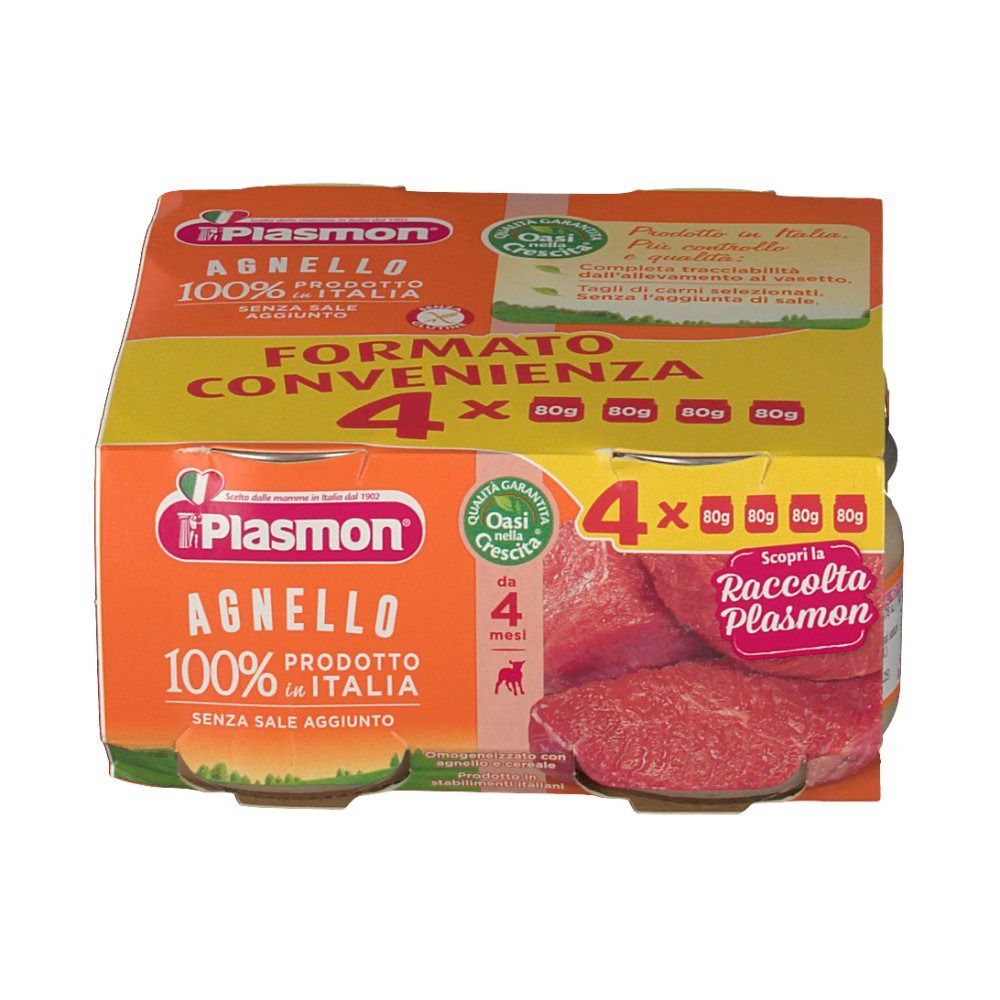 Confezione da quattro vasetti Plasmon® Omog. Scritta: Agnelllo 100% prodotto in Italia. Con immagine di carne.