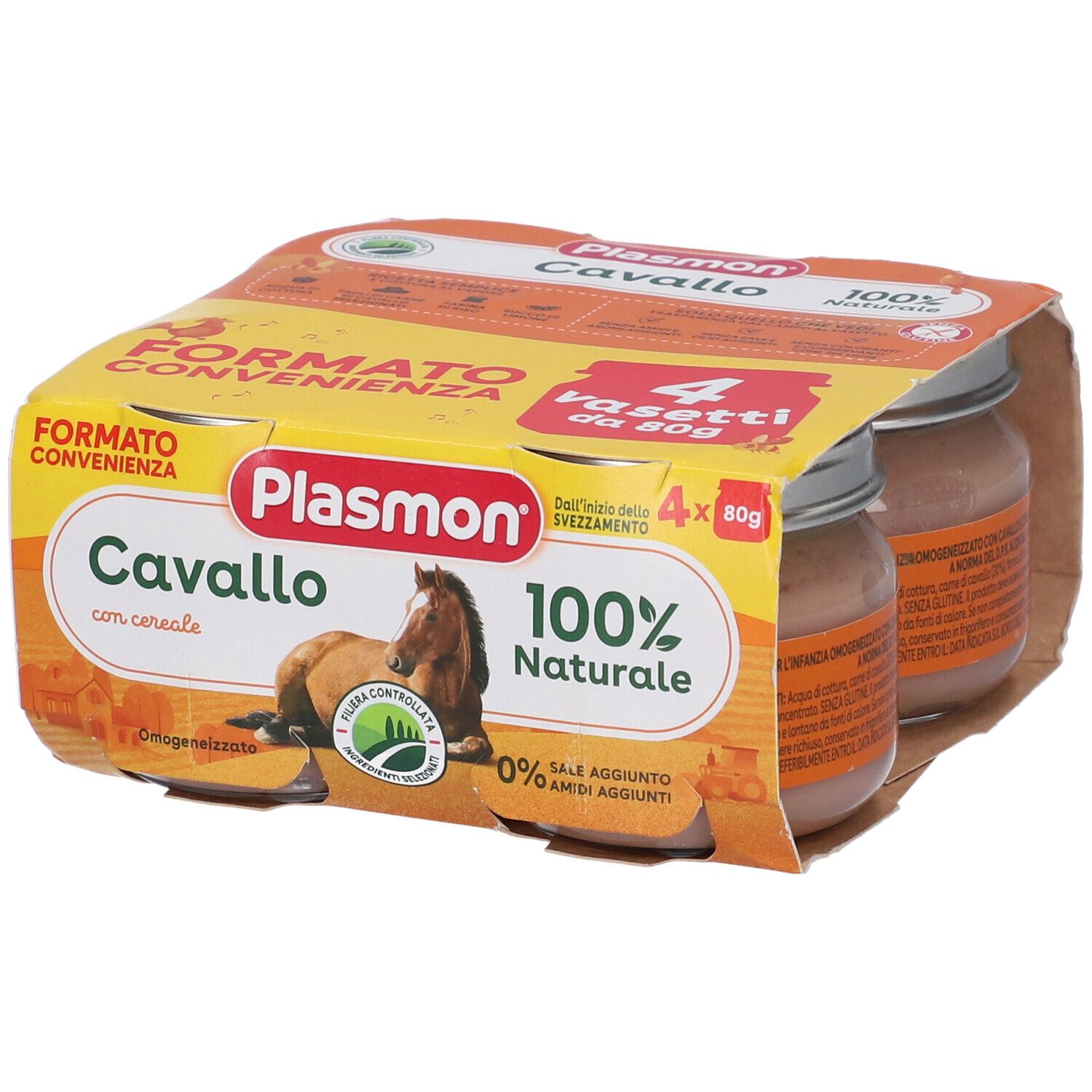 Confezione da quattro vasetti Plasmon Cavallo, 100% naturale. Immagine del prodotto con cavallo e testo.