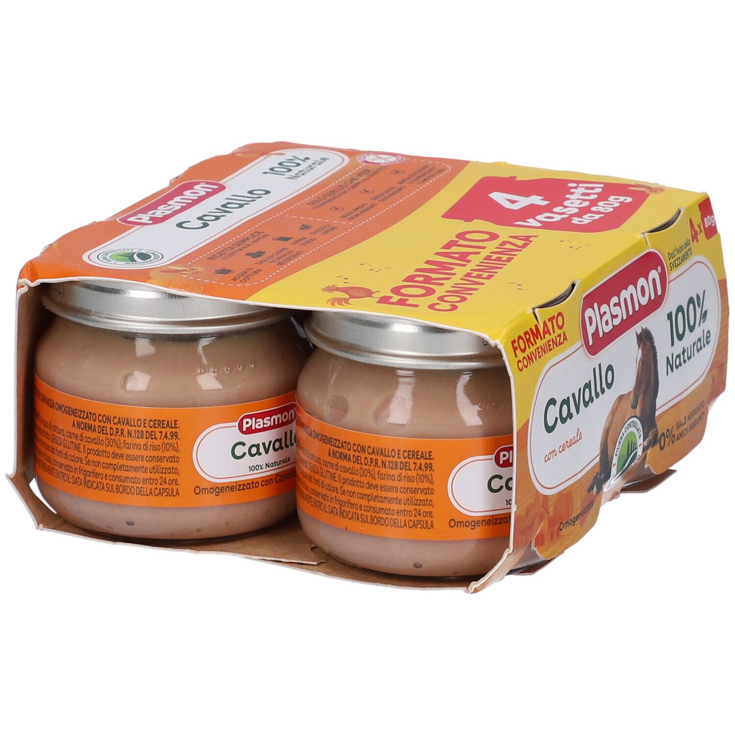 Confezione da due vasetti Plasmon Cavallo, 100% naturale. Immagine del prodotto con cavallo e testo.