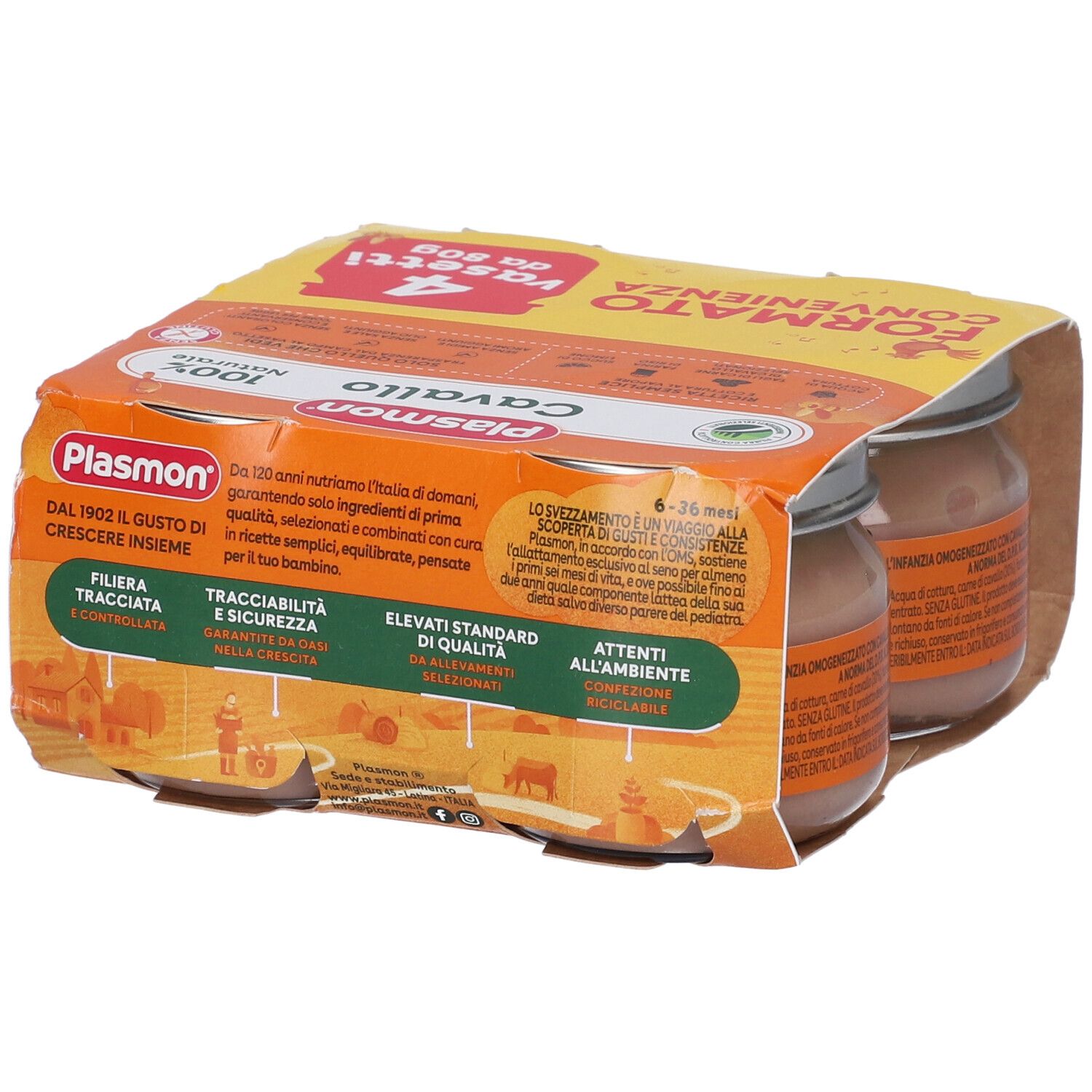Confezione da due vasetti Plasmon Cavallo, 100% naturale. Immagine del prodotto con cavallo e testo.