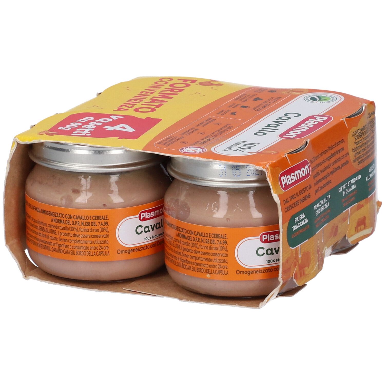 Confezione da due vasetti Plasmon Cavallo, 100% naturale. Immagine del prodotto con cavallo e testo.