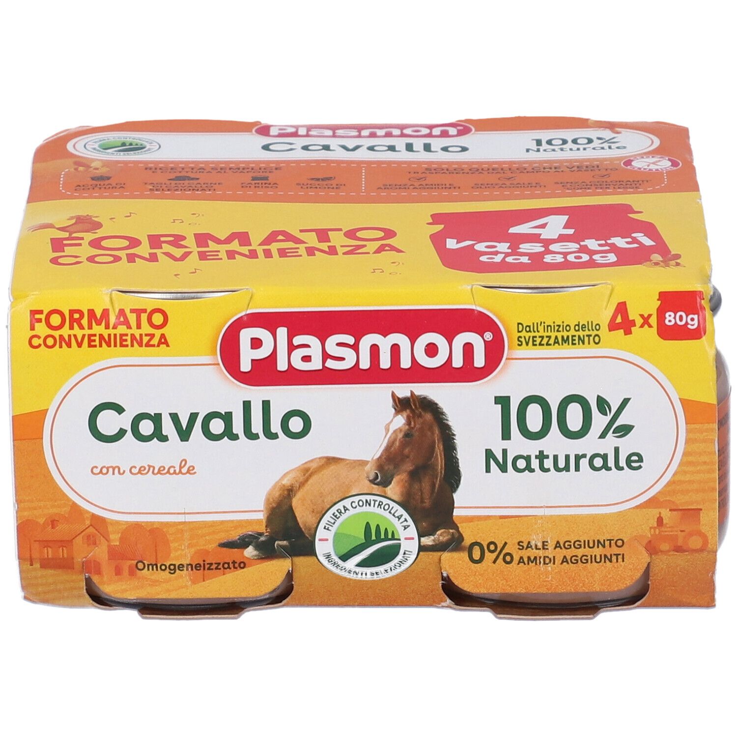Confezione da quattro vasetti Plasmon Cavallo, 100% naturale. Immagine del prodotto con cavallo e testo.
