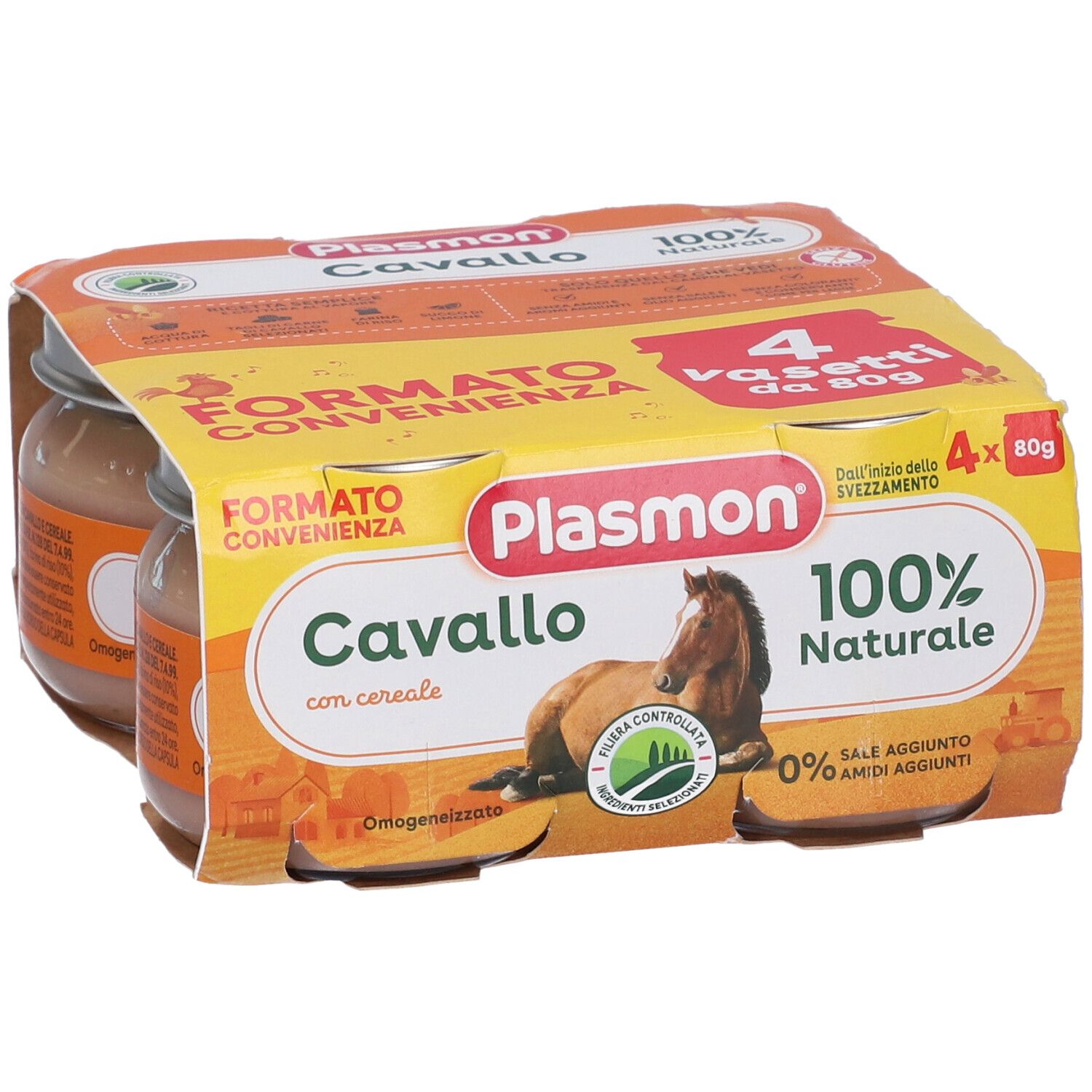 Confezione da quattro vasetti Plasmon Cavallo, 100% naturale. Immagine del prodotto con cavallo e testo.